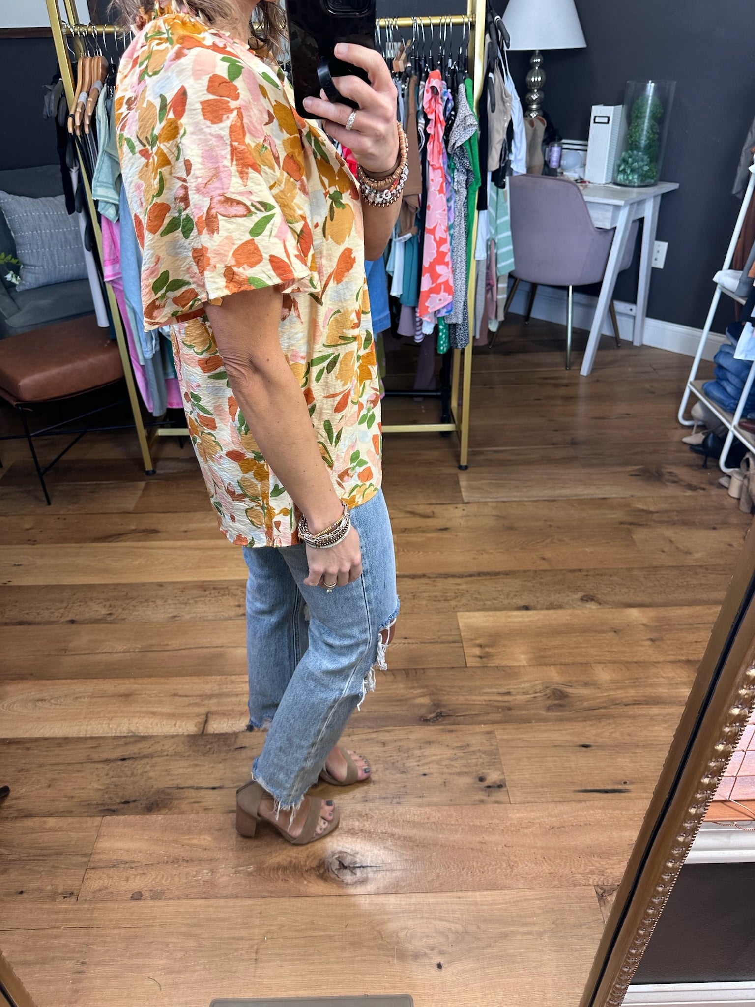 Giving Your Best Watercolor Floral Top - Yellow-Short Sleeves-Les Amis T1502-A-Anna Kaytes Boutique, Women's Fashion Boutique in Grinnell, Iowa