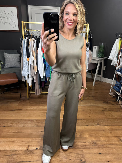Someday I Will Tie Waist Jumpsuit - Olive-Jumpsuits-Anna Kaytes Boutique-Anna Kaytes Boutique, Women's Fashion Boutique in Grinnell, Iowa