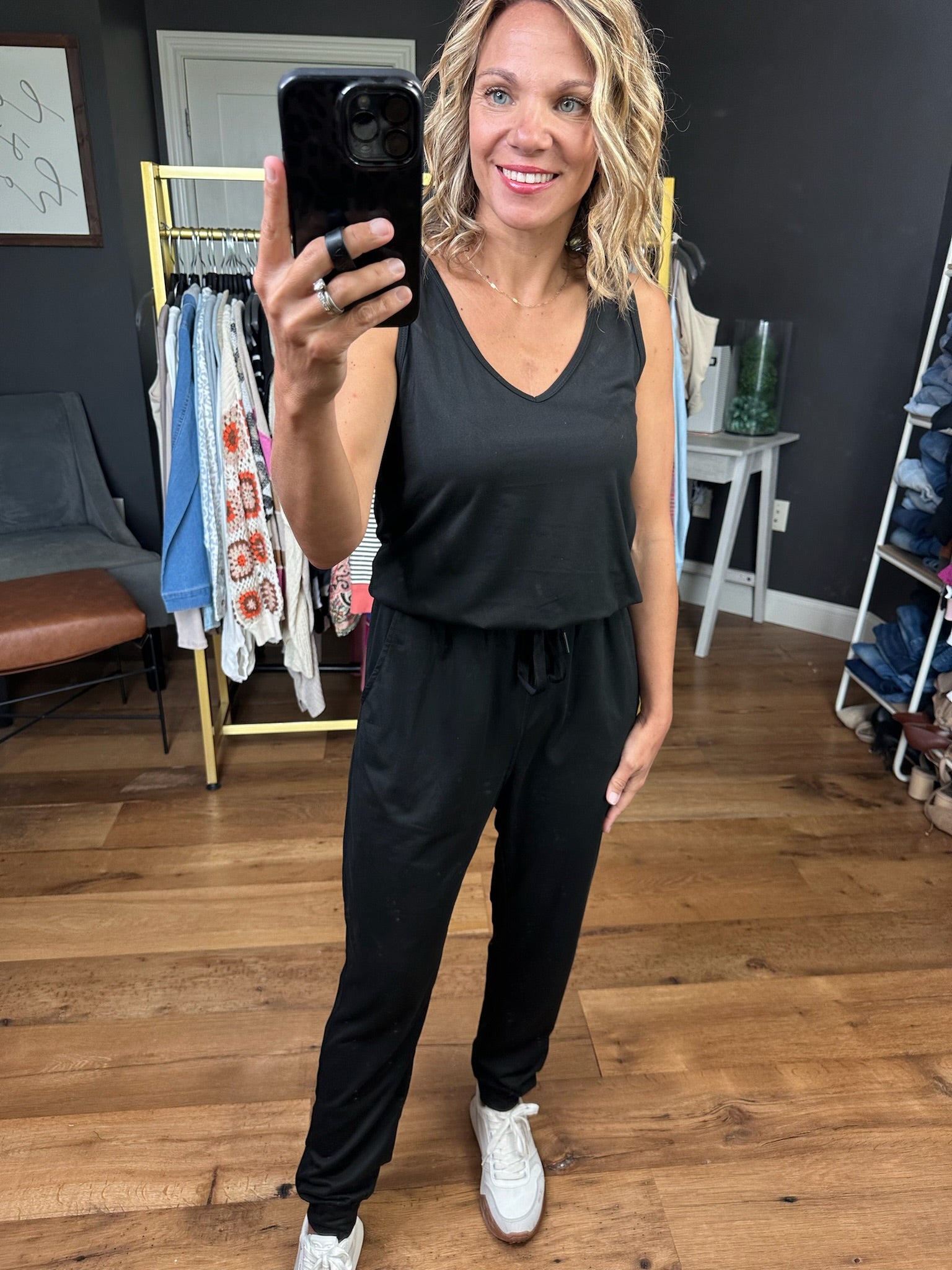 Stepping Up V-Neck Jumpsuit - Black-Wishlist-Anna Kaytes Boutique, Women's Fashion Boutique in Grinnell, Iowa