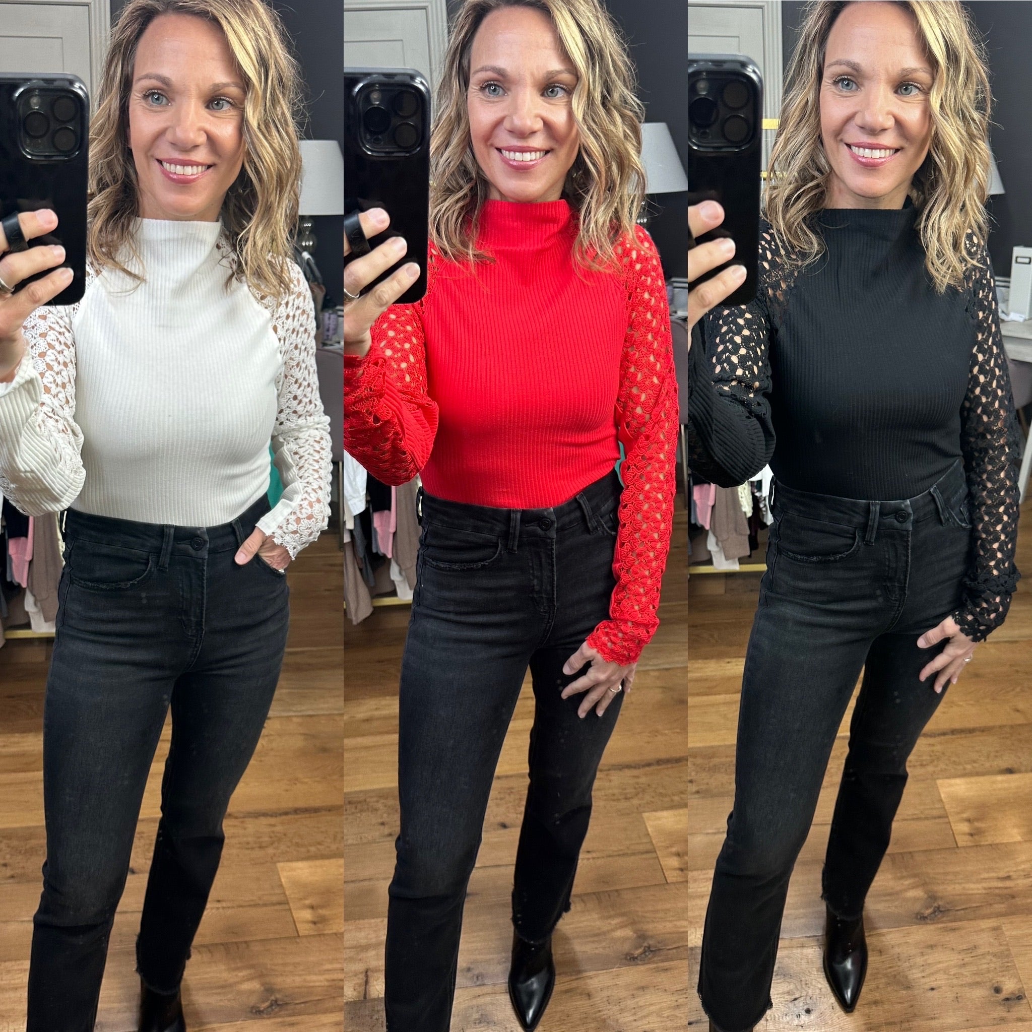 Better Idea Ribbed Mock-Neck Top With Crochet Sleeve Detail - Multiple Options-Long Sleeves-Aemi & Co 894AK-B11-Anna Kaytes Boutique, Women's Fashion Boutique in Grinnell, Iowa