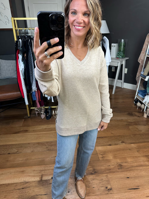 Do What It Does Textured V-Neck Sweater - Cappuccino Heather