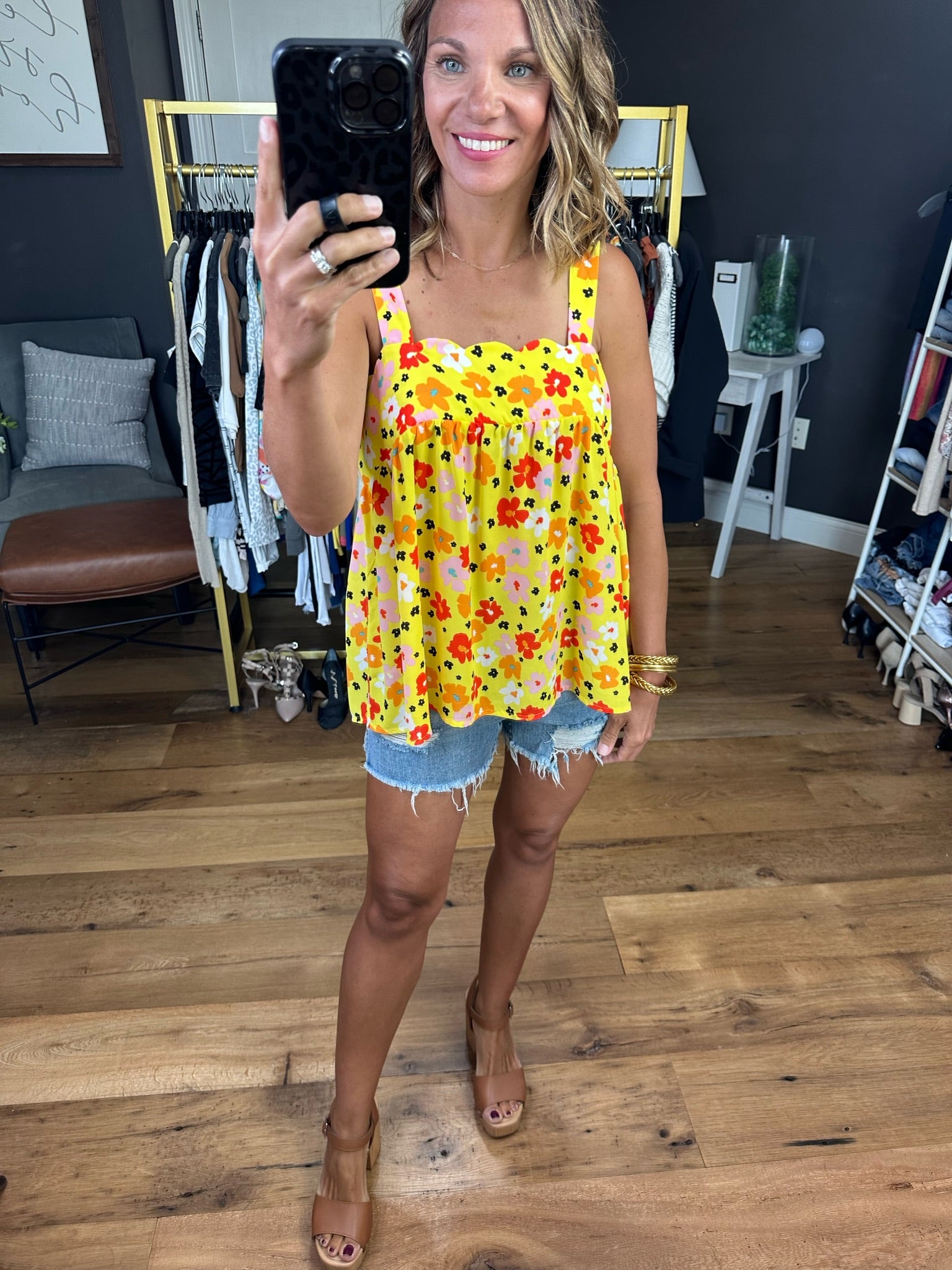 Couldn't Be Happier Floral Flowy Top With Scallop Detail - Yellow