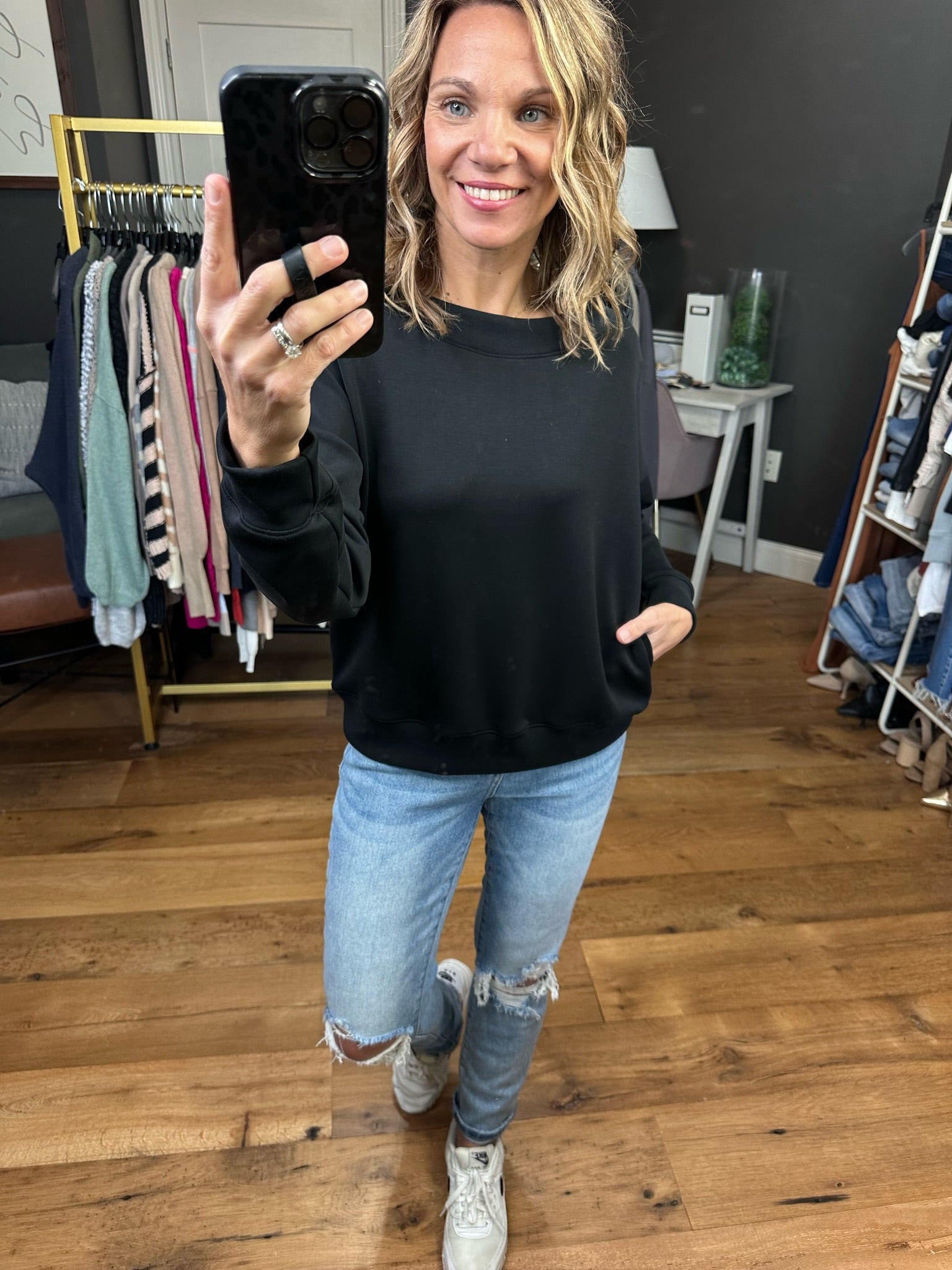 Back In Black Scuba Sweatshirt With Pockets - Black-Sweaters-Wasabi & Mint WMT3194-Anna Kaytes Boutique, Women's Fashion Boutique in Grinnell, Iowa