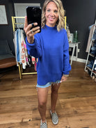 Catch Your Eye Slit-Hem Crew Sweater - Royal Blue-By Together-Anna Kaytes Boutique, Women's Fashion Boutique in Grinnell, Iowa