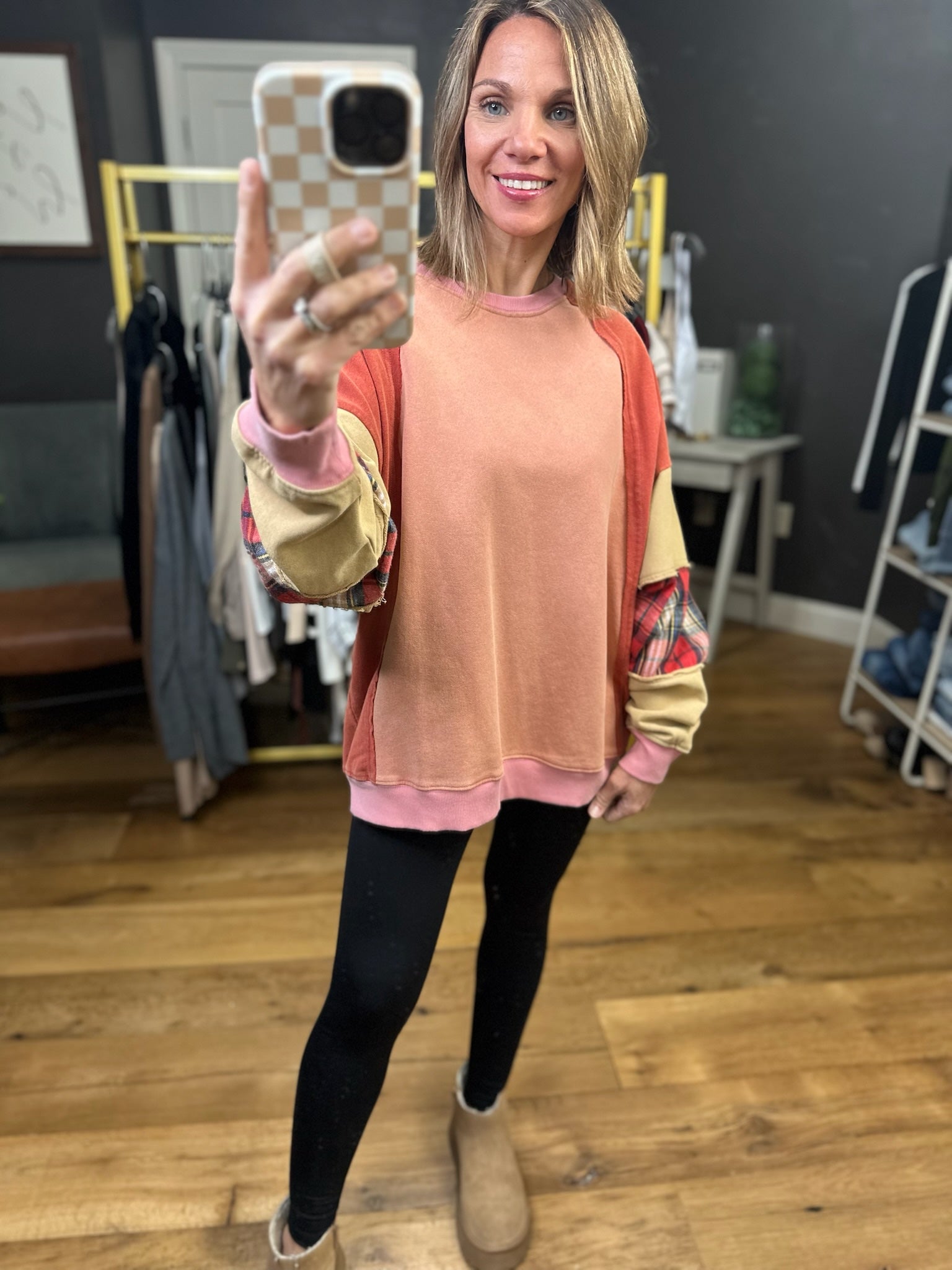 My Happy Place Plaid Patchwork Crewneck - Brick-Easel-Anna Kaytes Boutique, Women's Fashion Boutique in Grinnell, Iowa