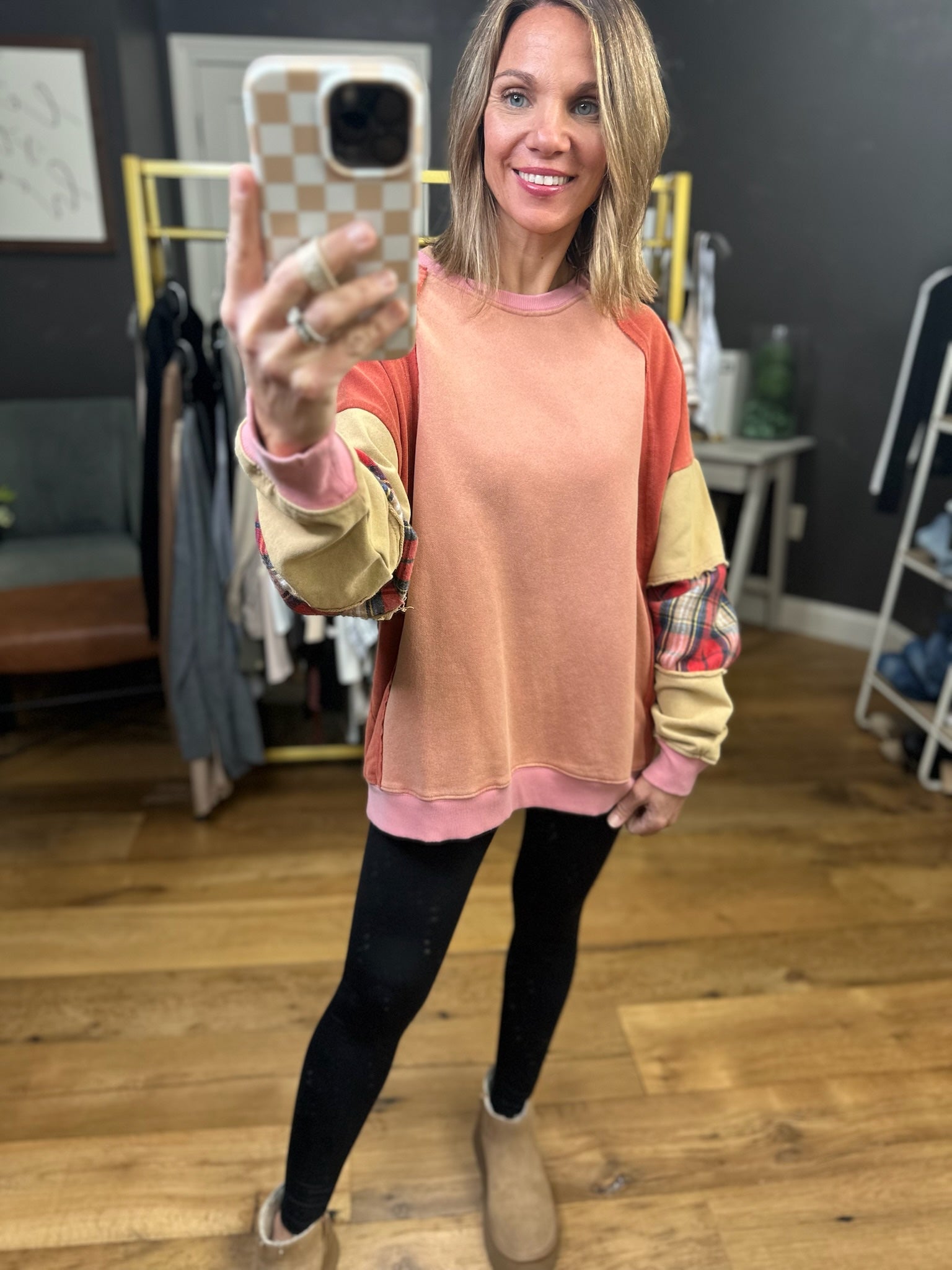 My Happy Place Plaid Patchwork Crewneck - Brick-Easel-Anna Kaytes Boutique, Women's Fashion Boutique in Grinnell, Iowa