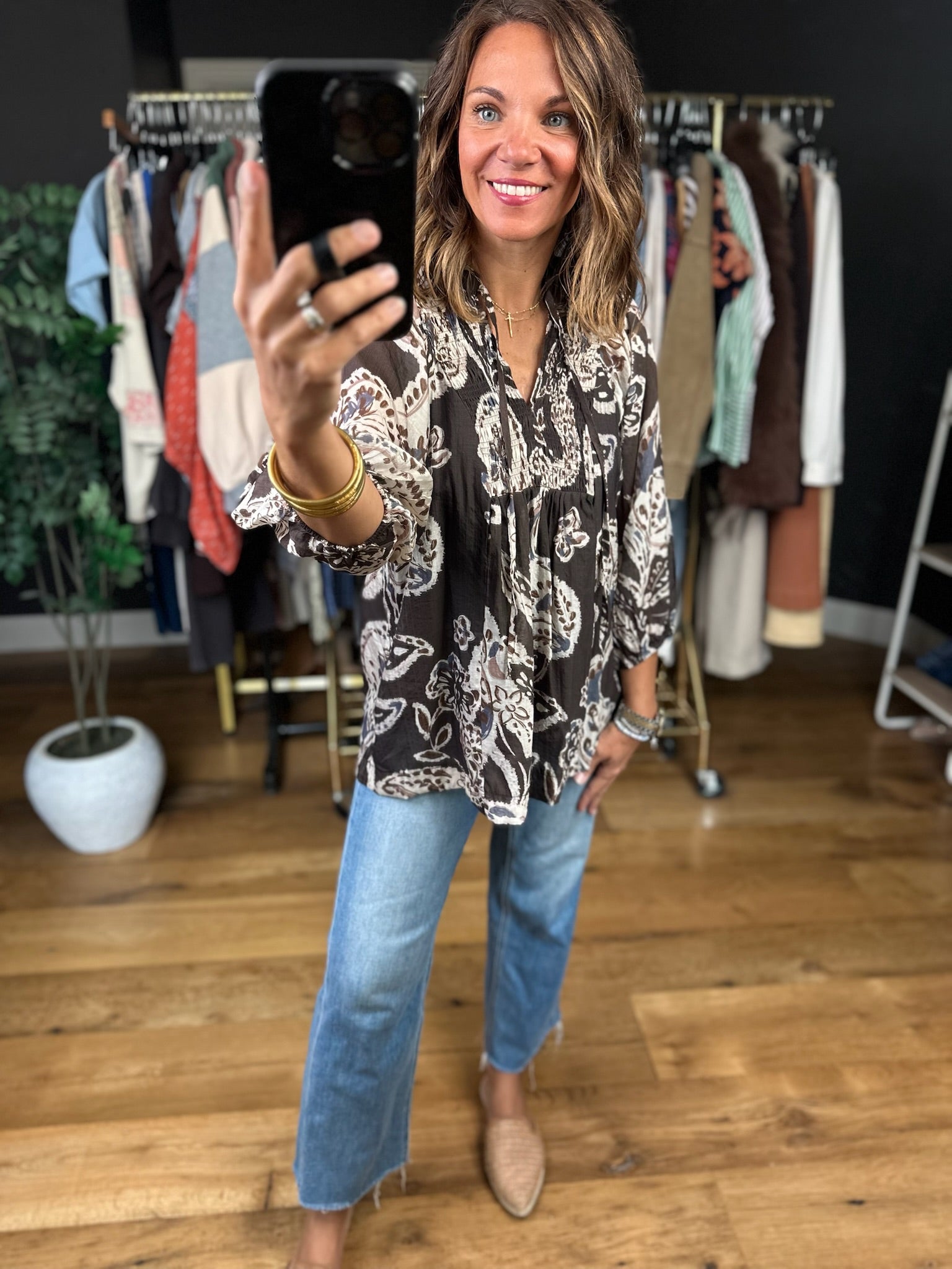 With Ease Patterned Top-Long Sleeves-Umgee-Anna Kaytes Boutique, Women's Fashion Boutique in Grinnell, Iowa
