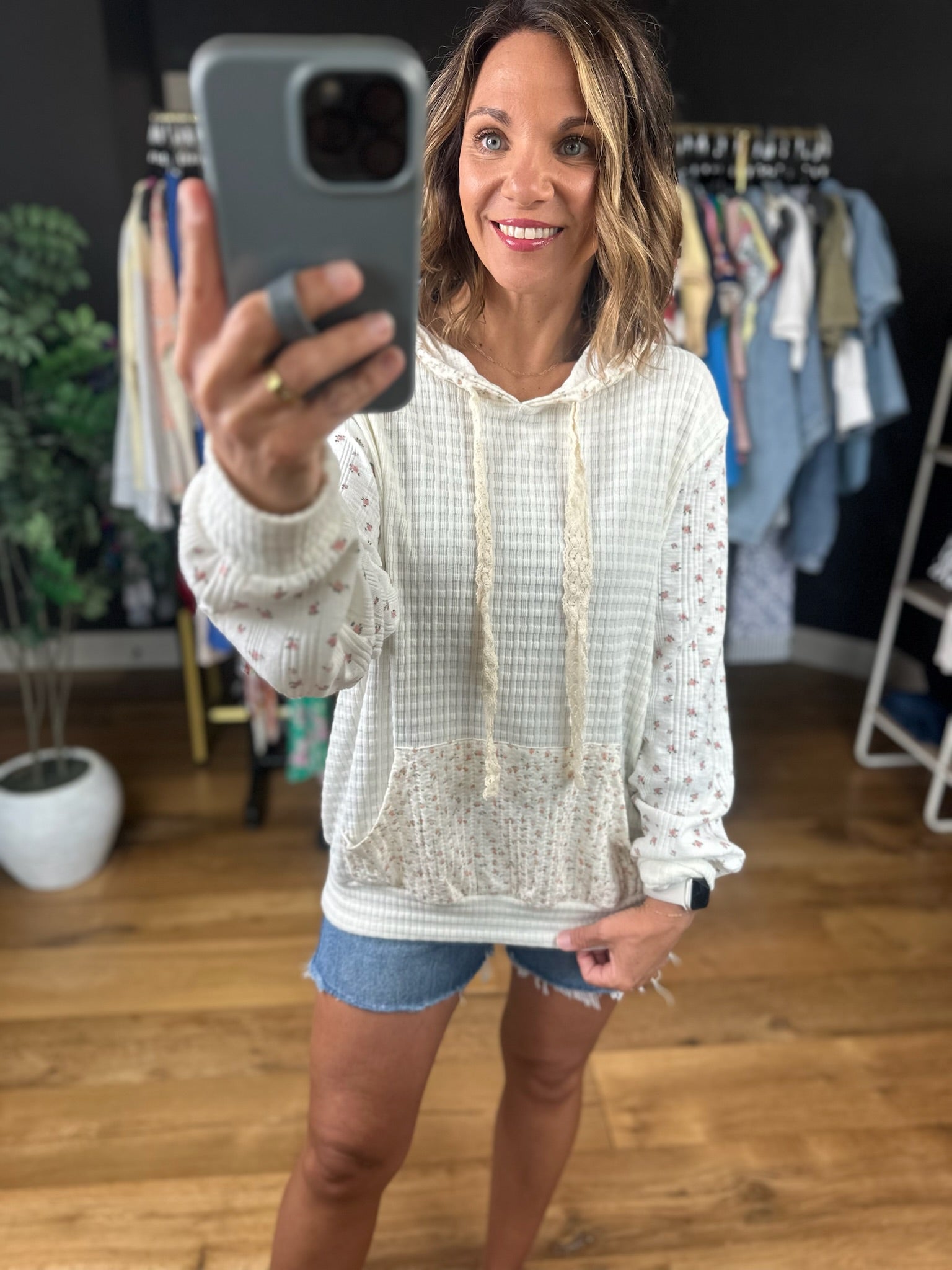 Charming Life Floral Waffle Hoodie-Sweaters-POL-Anna Kaytes Boutique, Women's Fashion Boutique in Grinnell, Iowa