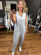 For Today Sleeveless Hooded Jumpsuit - Heather Grey-Jumpsuits-Bucketlist R5390-Anna Kaytes Boutique, Women's Fashion Boutique in Grinnell, Iowa