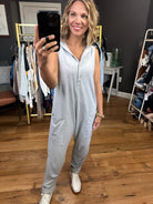 For Today Sleeveless Hooded Jumpsuit - Heather Grey-Jumpsuits-Bucketlist R5390-Anna Kaytes Boutique, Women's Fashion Boutique in Grinnell, Iowa