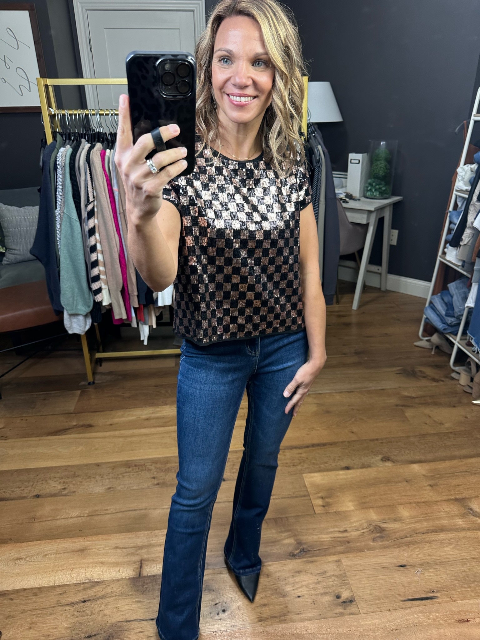 The New You Sequin Checkered Top - Gold/Black