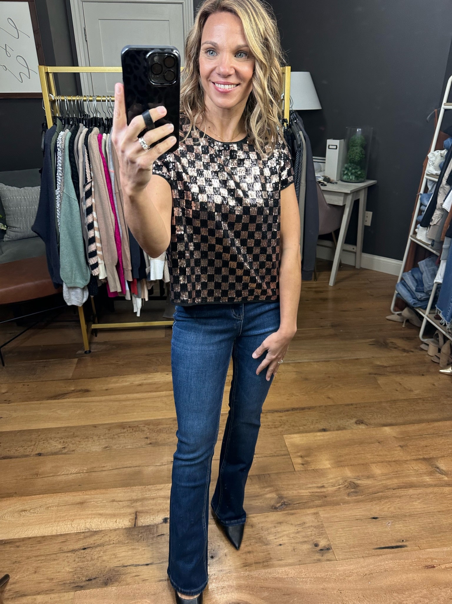 The New You Sequin Checkered Top - Gold/Black-Short Sleeves-BL64657w-Anna Kaytes Boutique, Women's Fashion Boutique in Grinnell, Iowa