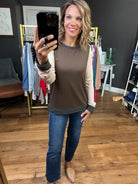 Cloud of Dust Two-Toned Crew Top - Brown-Staccato-Anna Kaytes Boutique, Women's Fashion Boutique in Grinnell, Iowa