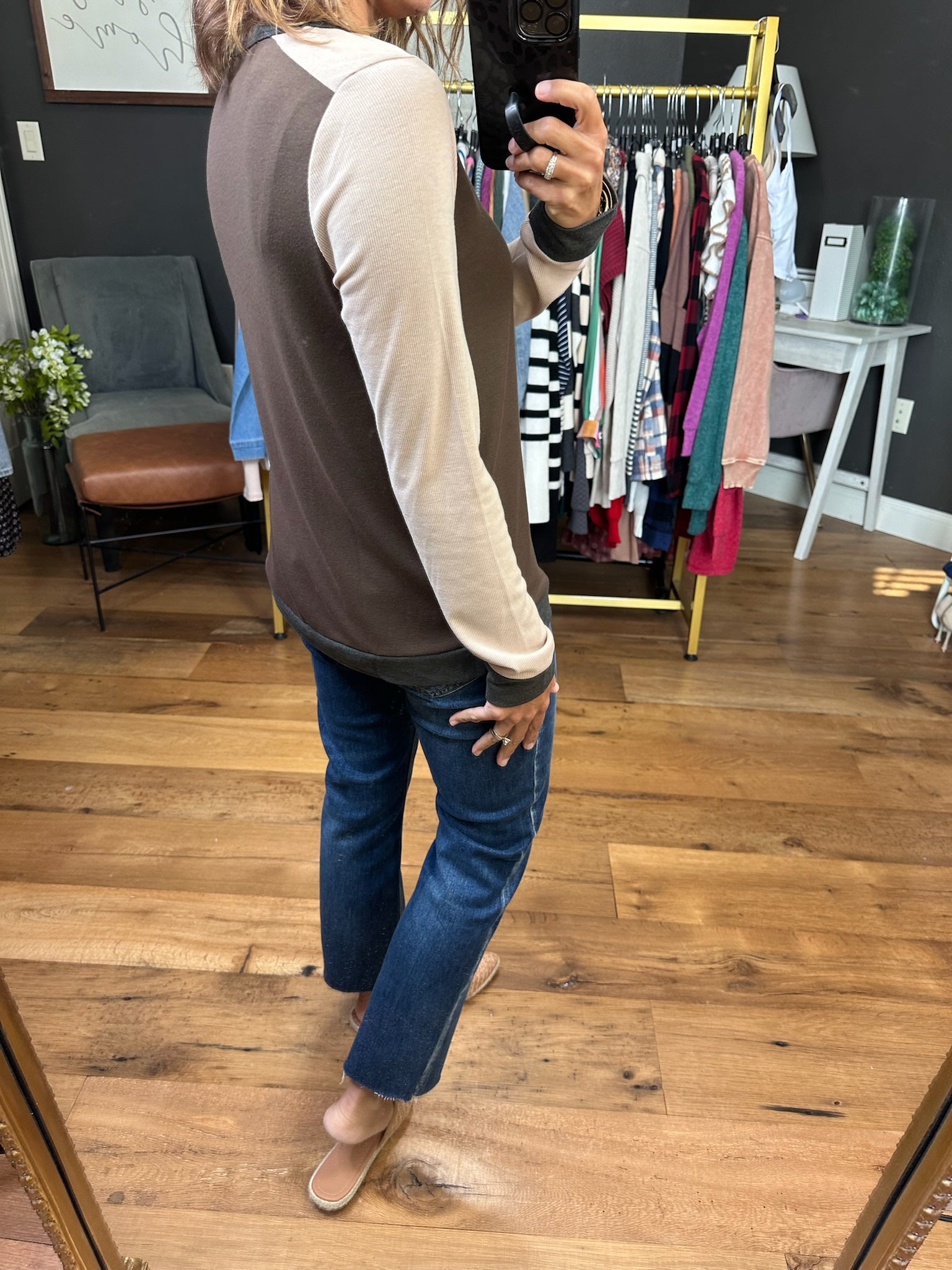 Cloud of Dust Two-Toned Crew Top - Brown-Staccato-Anna Kaytes Boutique, Women's Fashion Boutique in Grinnell, Iowa