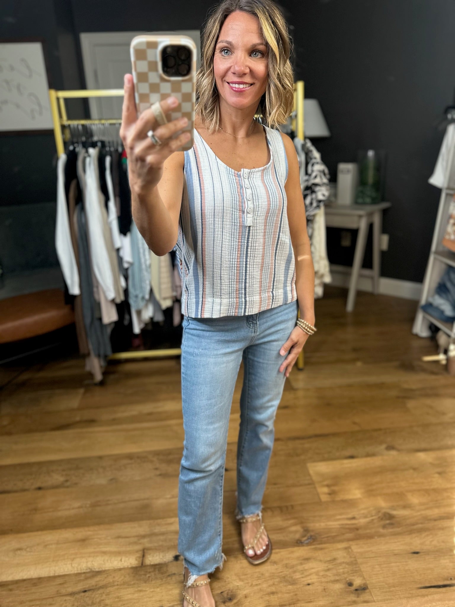 Can't Wait Denim Striped Sleeveless Top-Be Cool-Anna Kaytes Boutique, Women's Fashion Boutique in Grinnell, Iowa