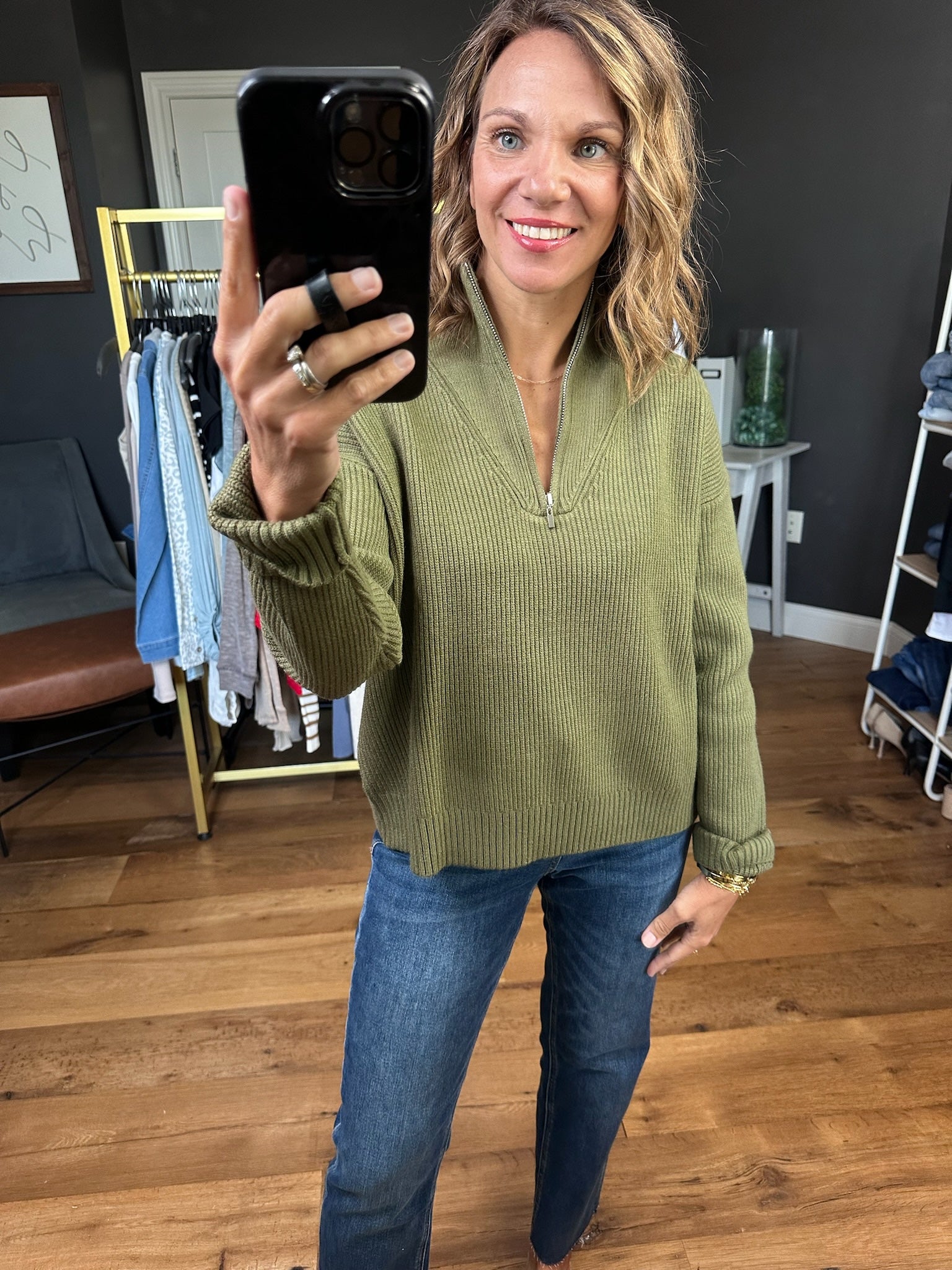 Hanging Onto Fall Textured Quarter-Zip - Olive-Be Cool-Anna Kaytes Boutique, Women's Fashion Boutique in Grinnell, Iowa