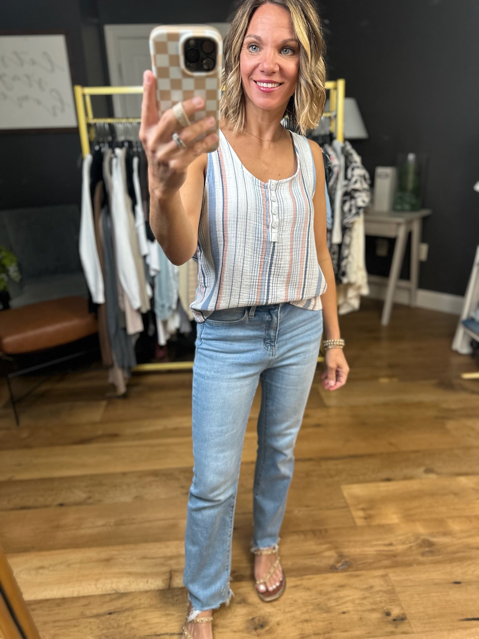 Can't Wait Denim Striped Sleeveless Top-Be Cool-Anna Kaytes Boutique, Women's Fashion Boutique in Grinnell, Iowa