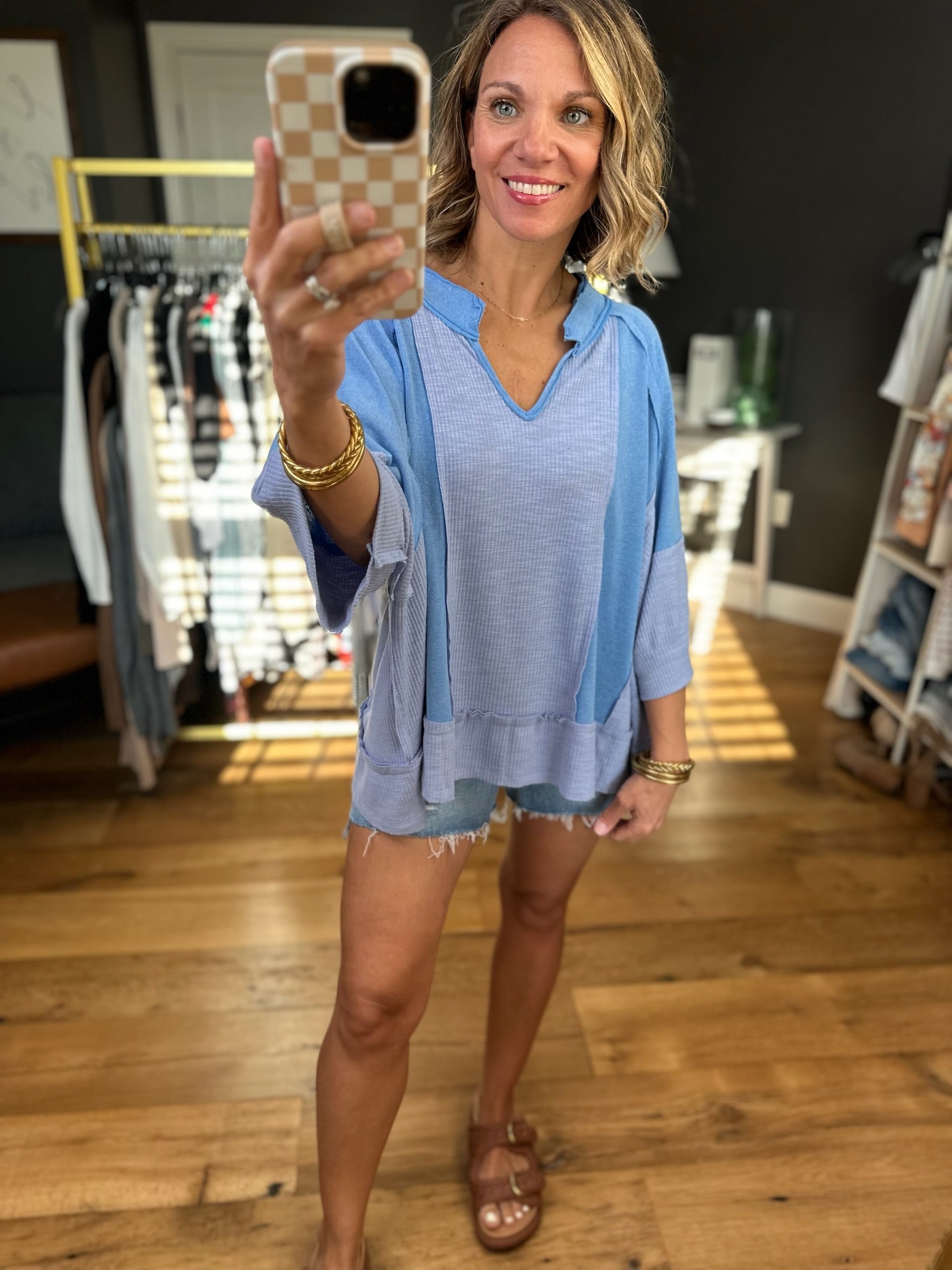 Looking Back Waffle Dolman-Sleeve Top - Blue-POL-Anna Kaytes Boutique, Women's Fashion Boutique in Grinnell, Iowa