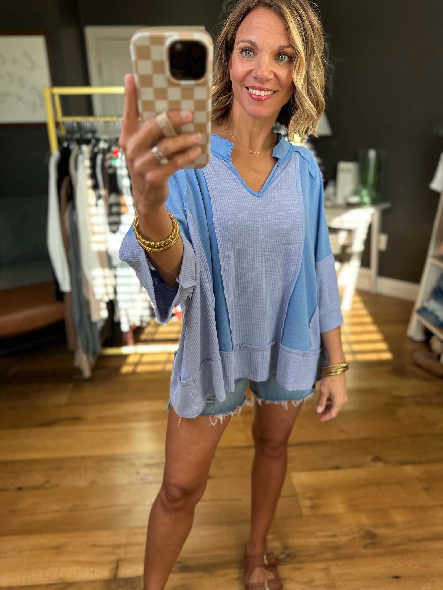 Looking Back Waffle Dolman-Sleeve Top - Blue-POL-Anna Kaytes Boutique, Women's Fashion Boutique in Grinnell, Iowa
