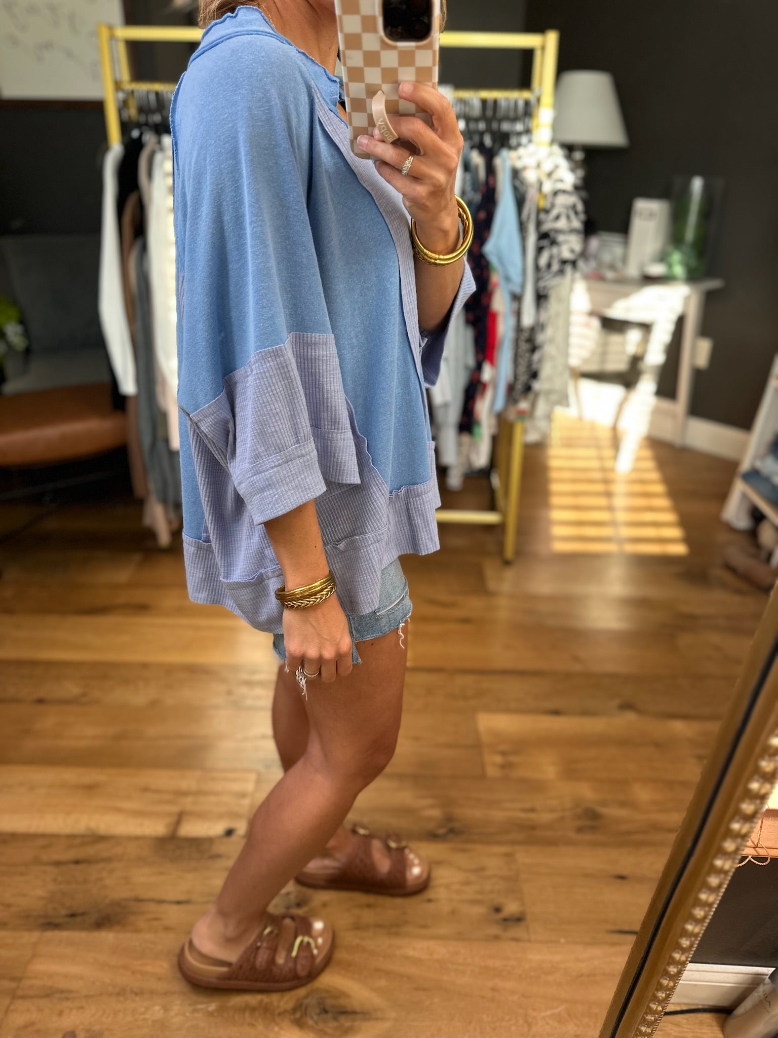 Looking Back Waffle Dolman-Sleeve Top - Blue-POL-Anna Kaytes Boutique, Women's Fashion Boutique in Grinnell, Iowa