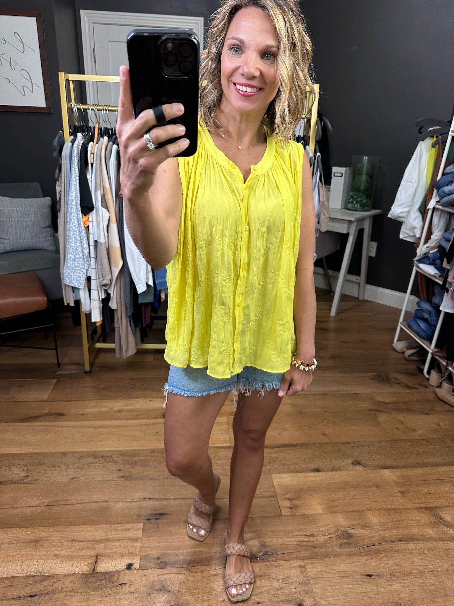 Walking On Sunshine Button-Detail Sleeveless Top - Yellow-Sleeveless-By Together L6964-Anna Kaytes Boutique, Women's Fashion Boutique in Grinnell, Iowa