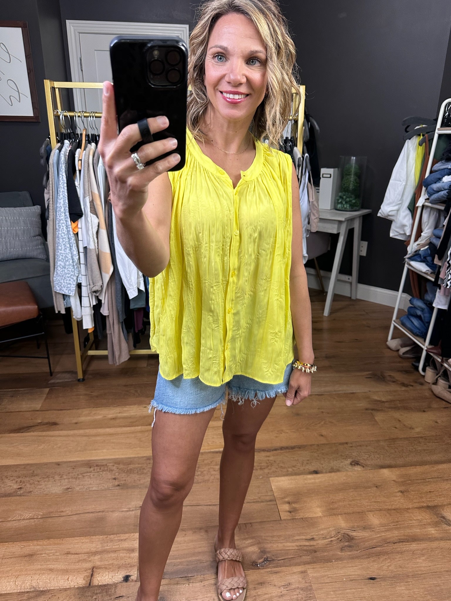 Walking On Sunshine Button-Detail Sleeveless Top - Yellow-Sleeveless-By Together L6964-Anna Kaytes Boutique, Women's Fashion Boutique in Grinnell, Iowa