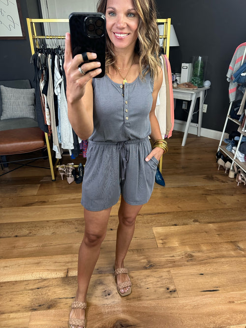 Hear Me Out Button-Detail Romper - Slate-Allie Rose HR4335-Anna Kaytes Boutique, Women's Fashion Boutique in Grinnell, Iowa