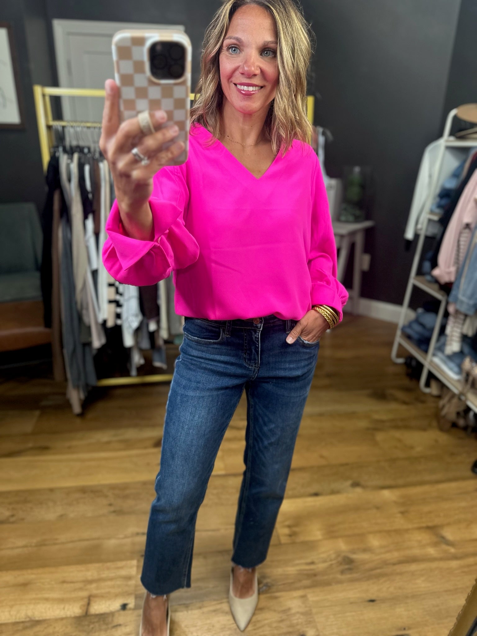 Open Hearts V-Neck Long Sleeve Top - Hot Pink-Jodifl-Anna Kaytes Boutique, Women's Fashion Boutique in Grinnell, Iowa