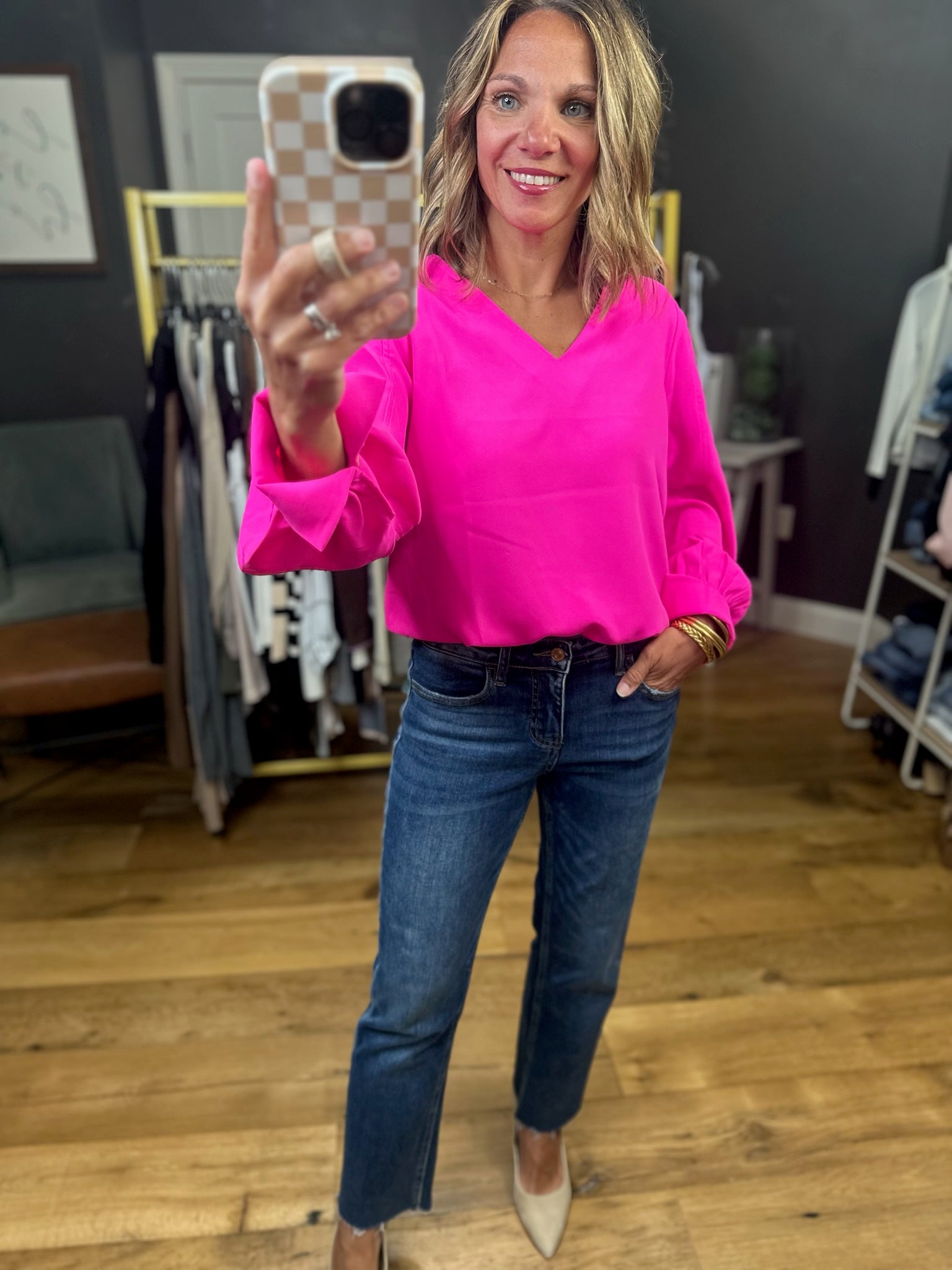 Open Hearts V-Neck Long Sleeve Top - Hot Pink-Jodifl-Anna Kaytes Boutique, Women's Fashion Boutique in Grinnell, Iowa