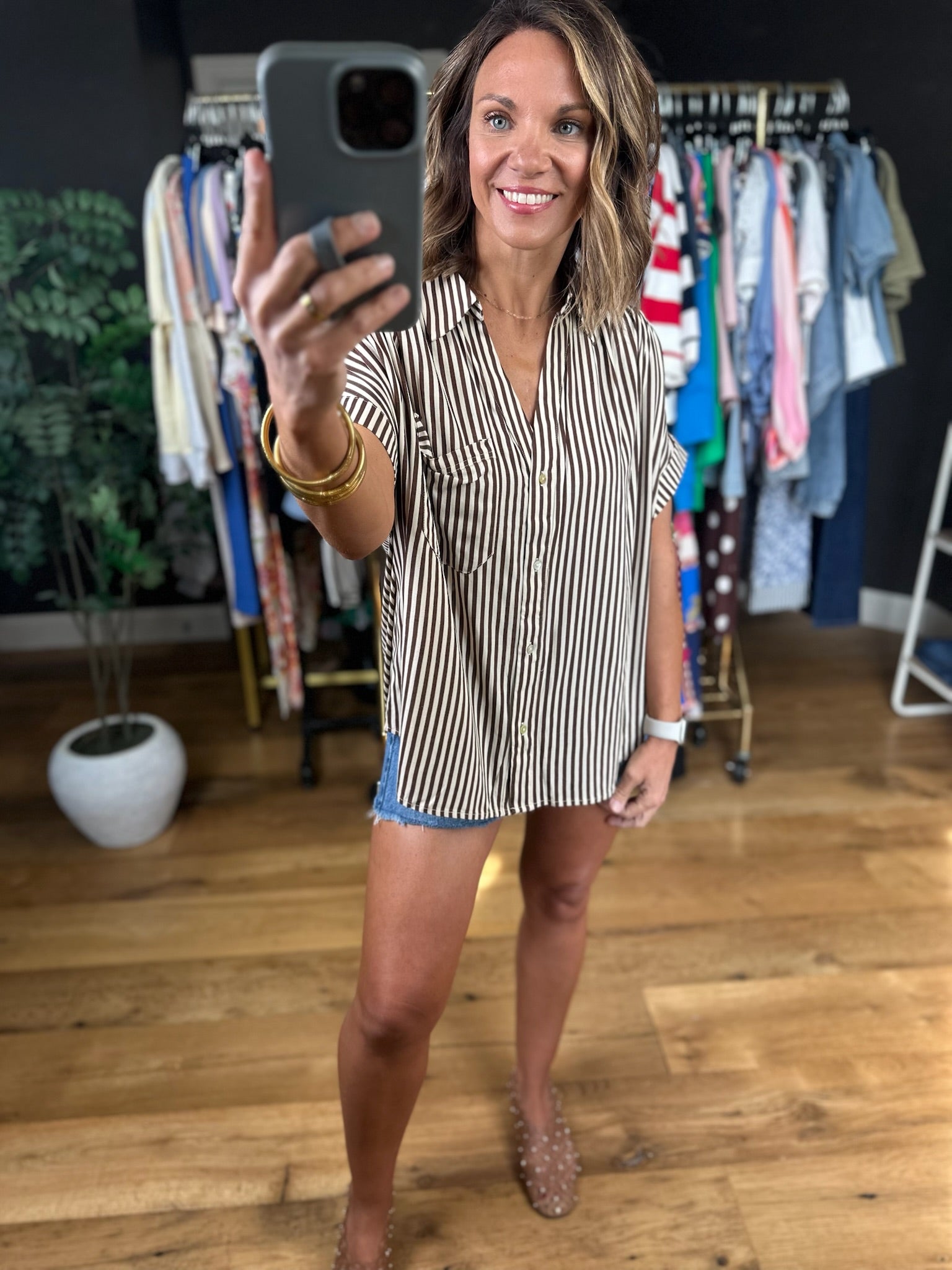 Highly Qualified Striped Button-Down Top - Brown-Short Sleeves-Vine & Love-Anna Kaytes Boutique, Women's Fashion Boutique in Grinnell, Iowa