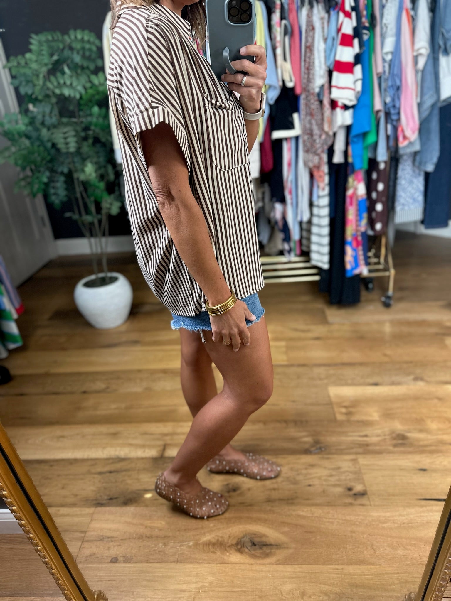Highly Qualified Striped Button-Down Top - Brown-Short Sleeves-Vine & Love-Anna Kaytes Boutique, Women's Fashion Boutique in Grinnell, Iowa