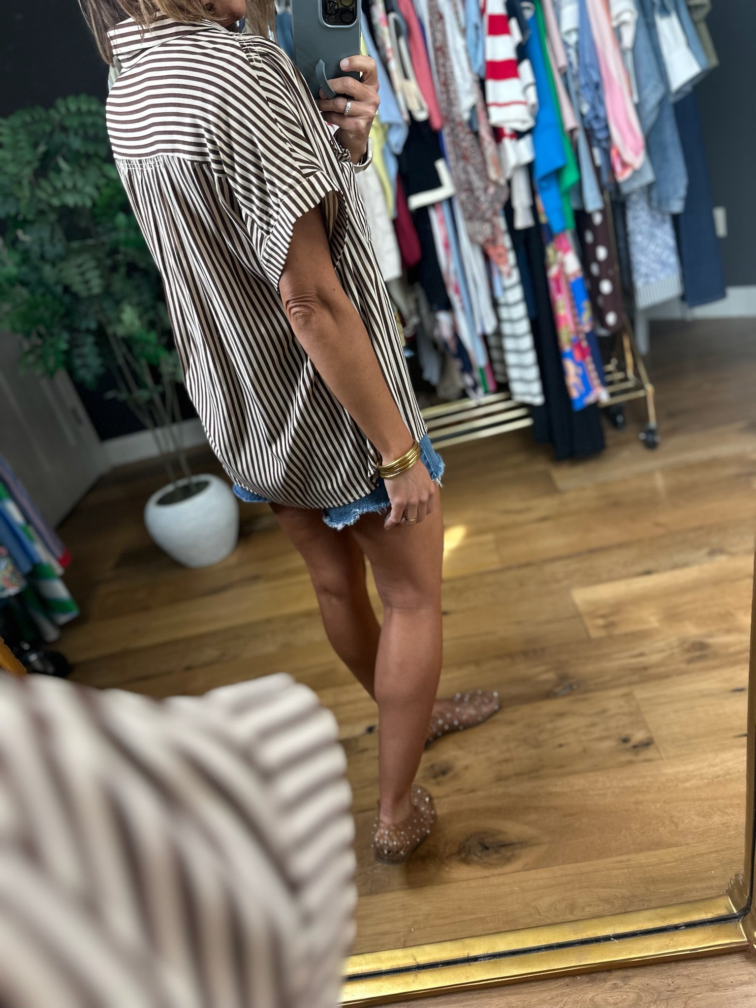 Highly Qualified Striped Button-Down Top - Brown-Short Sleeves-Vine & Love-Anna Kaytes Boutique, Women's Fashion Boutique in Grinnell, Iowa
