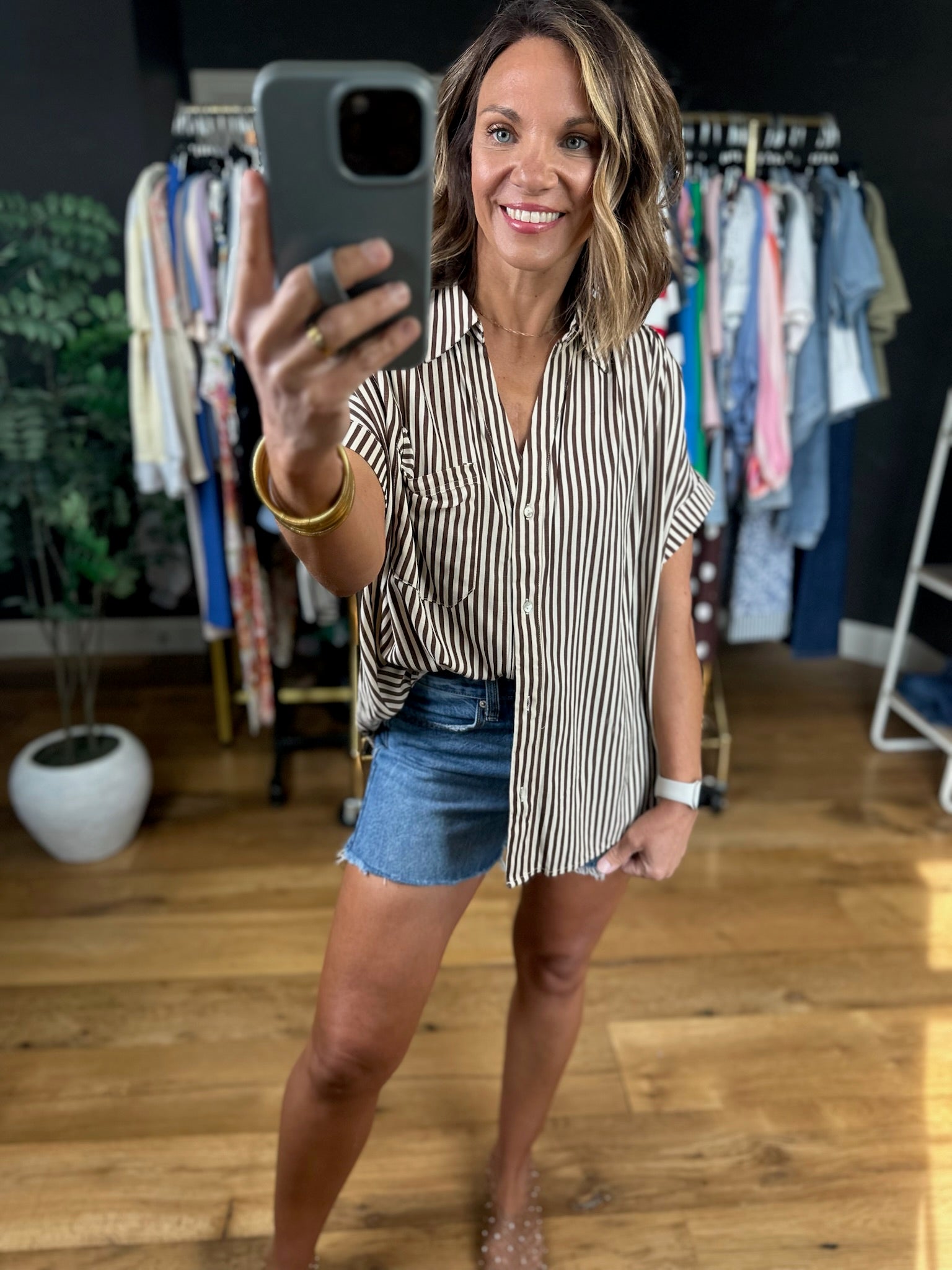 Highly Qualified Striped Button-Down Top - Brown-Short Sleeves-Vine & Love-Anna Kaytes Boutique, Women's Fashion Boutique in Grinnell, Iowa