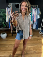 Highly Qualified Striped Button-Down Top - Brown-Short Sleeves-Vine & Love-Anna Kaytes Boutique, Women's Fashion Boutique in Grinnell, Iowa
