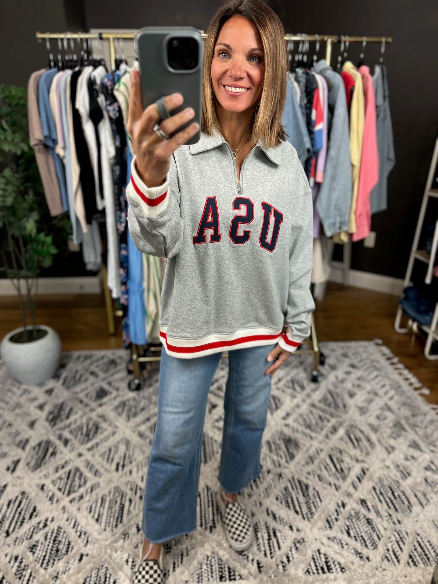 USA Vintage Quarter Zip-Sweaters-Wishlist-Anna Kaytes Boutique, Women's Fashion Boutique in Grinnell, Iowa