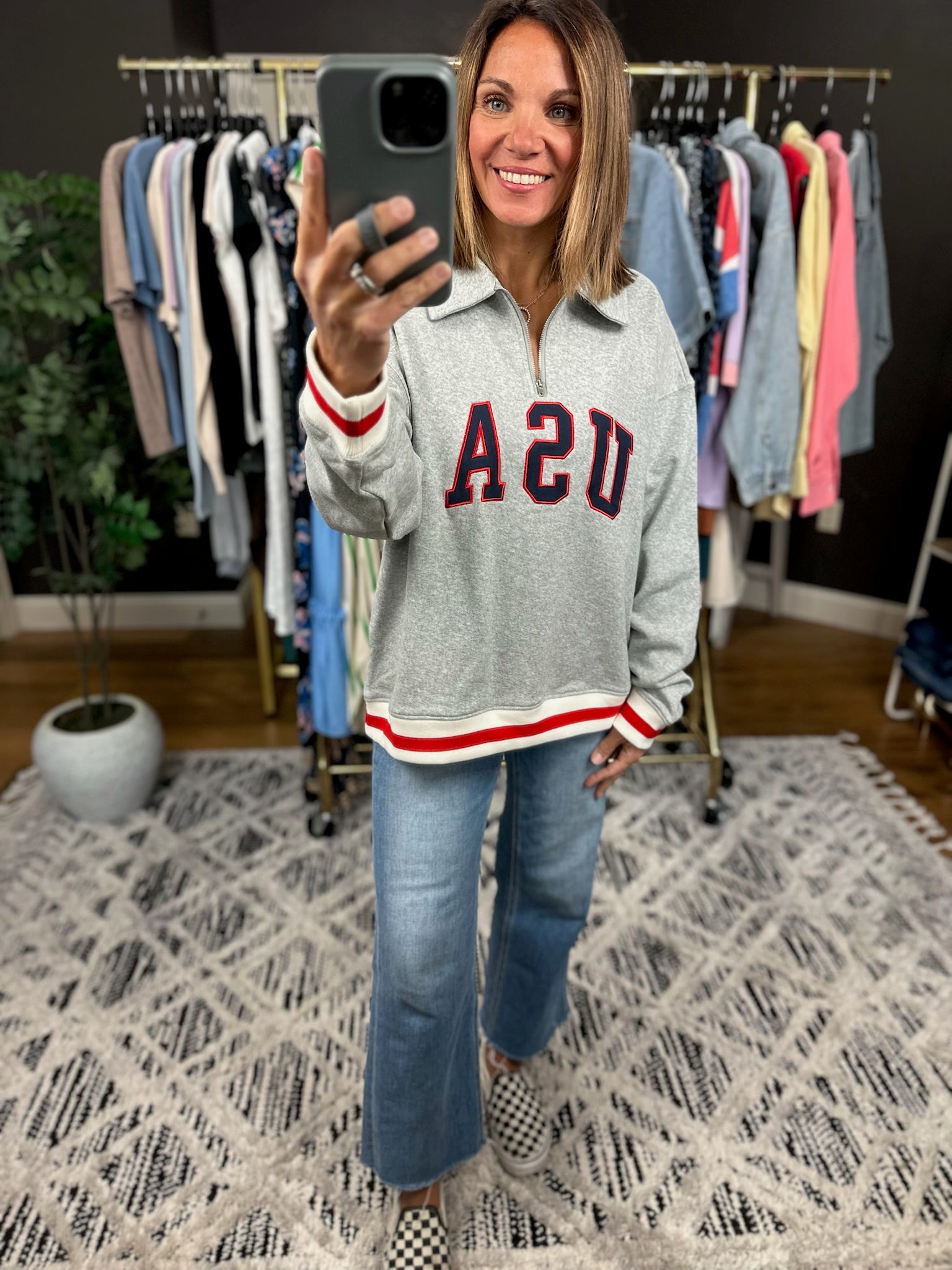 USA Vintage Quarter Zip-Sweaters-Wishlist-Anna Kaytes Boutique, Women's Fashion Boutique in Grinnell, Iowa