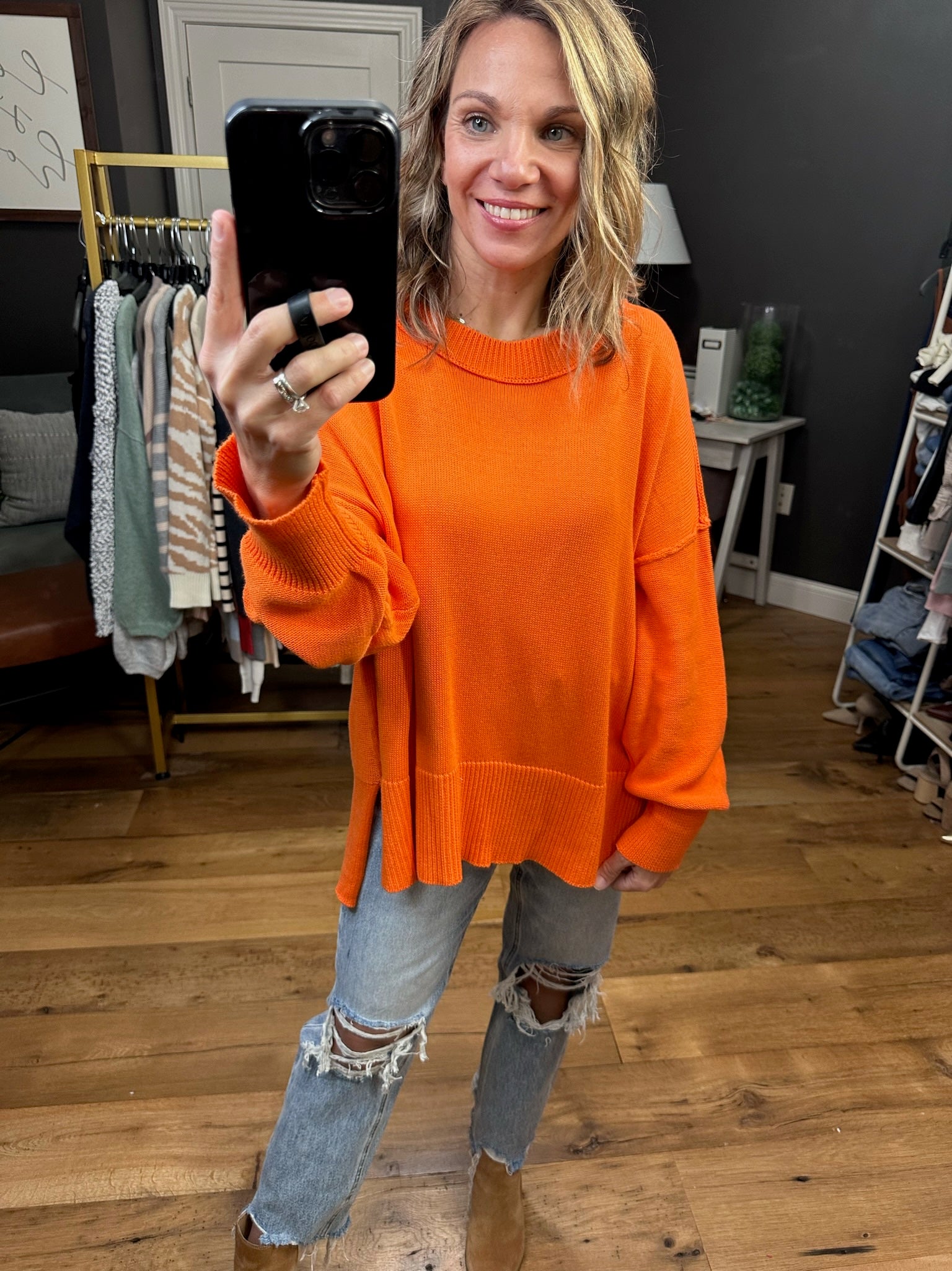 Game On Hi-Low Textured Sweater - Tangerine