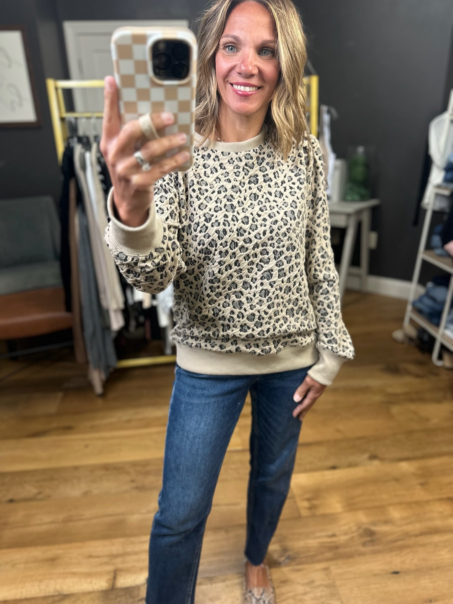 Mark My Word Textured Animal Print Crew - Oatmeal-Jodifl-Anna Kaytes Boutique, Women's Fashion Boutique in Grinnell, Iowa