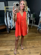 Tell That Story Button-Detail Romper - Tomato-Eesome-Anna Kaytes Boutique, Women's Fashion Boutique in Grinnell, Iowa