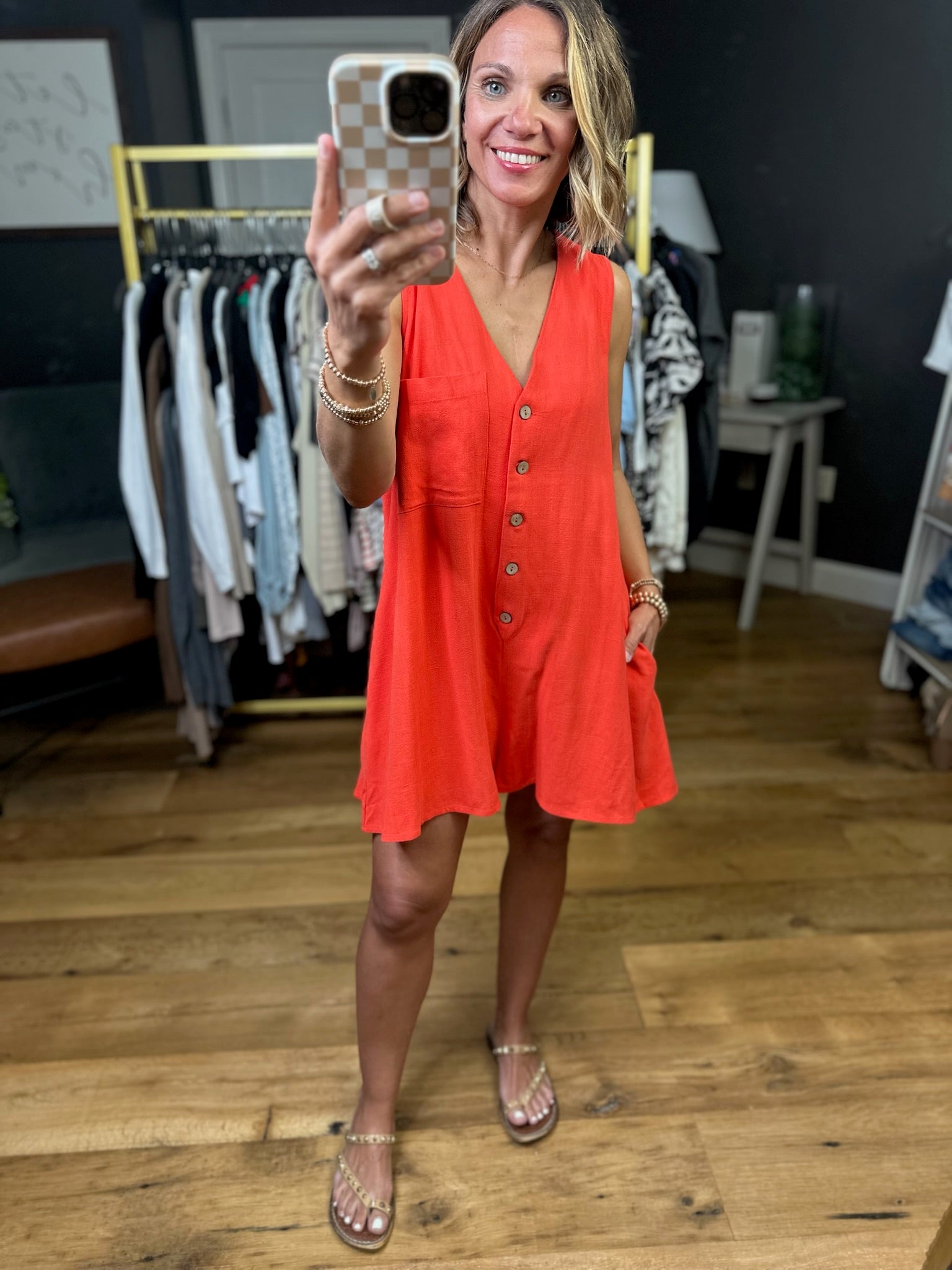 Tell That Story Button-Detail Romper - Tomato-Eesome-Anna Kaytes Boutique, Women's Fashion Boutique in Grinnell, Iowa