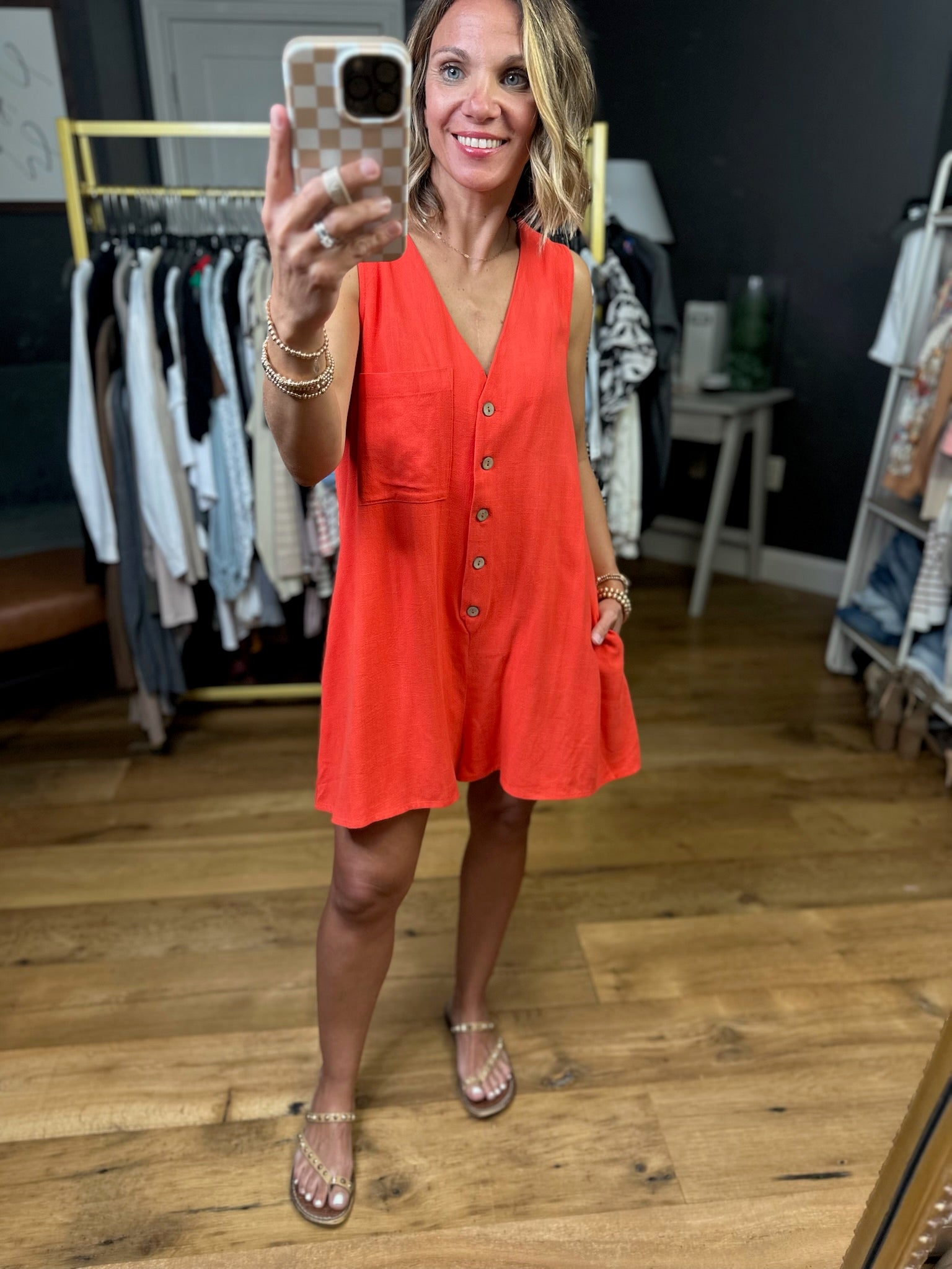 Tell That Story Button-Detail Romper - Tomato-Eesome-Anna Kaytes Boutique, Women's Fashion Boutique in Grinnell, Iowa