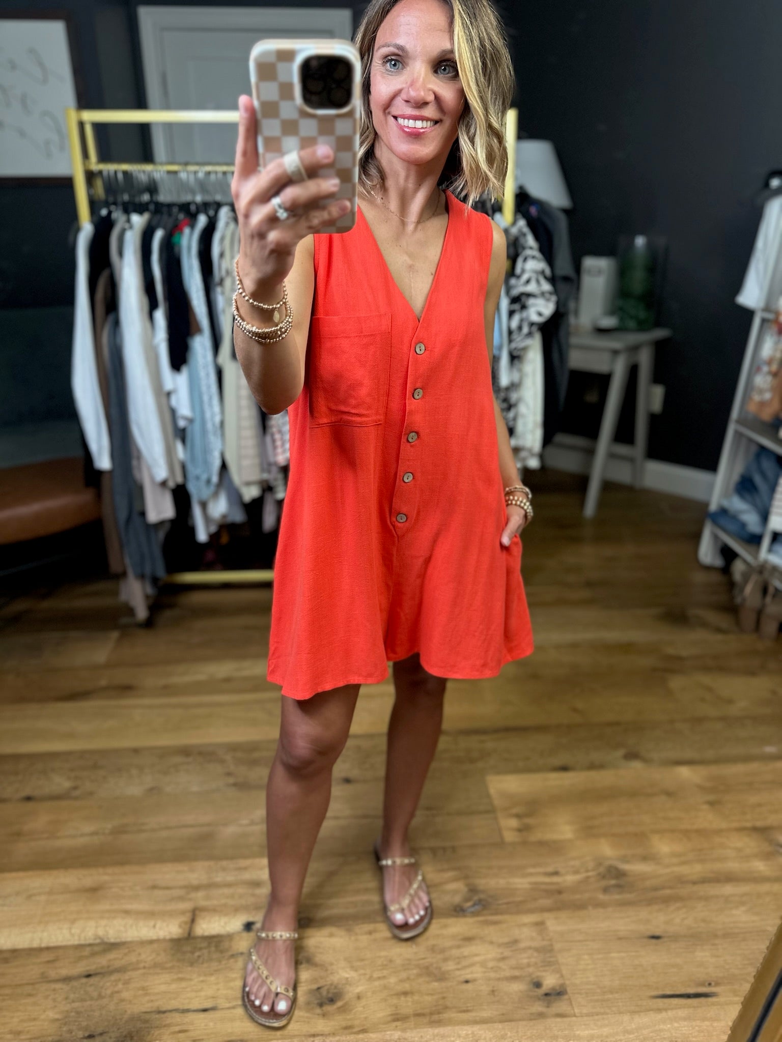 Tell That Story Button-Detail Romper - Tomato-Eesome-Anna Kaytes Boutique, Women's Fashion Boutique in Grinnell, Iowa