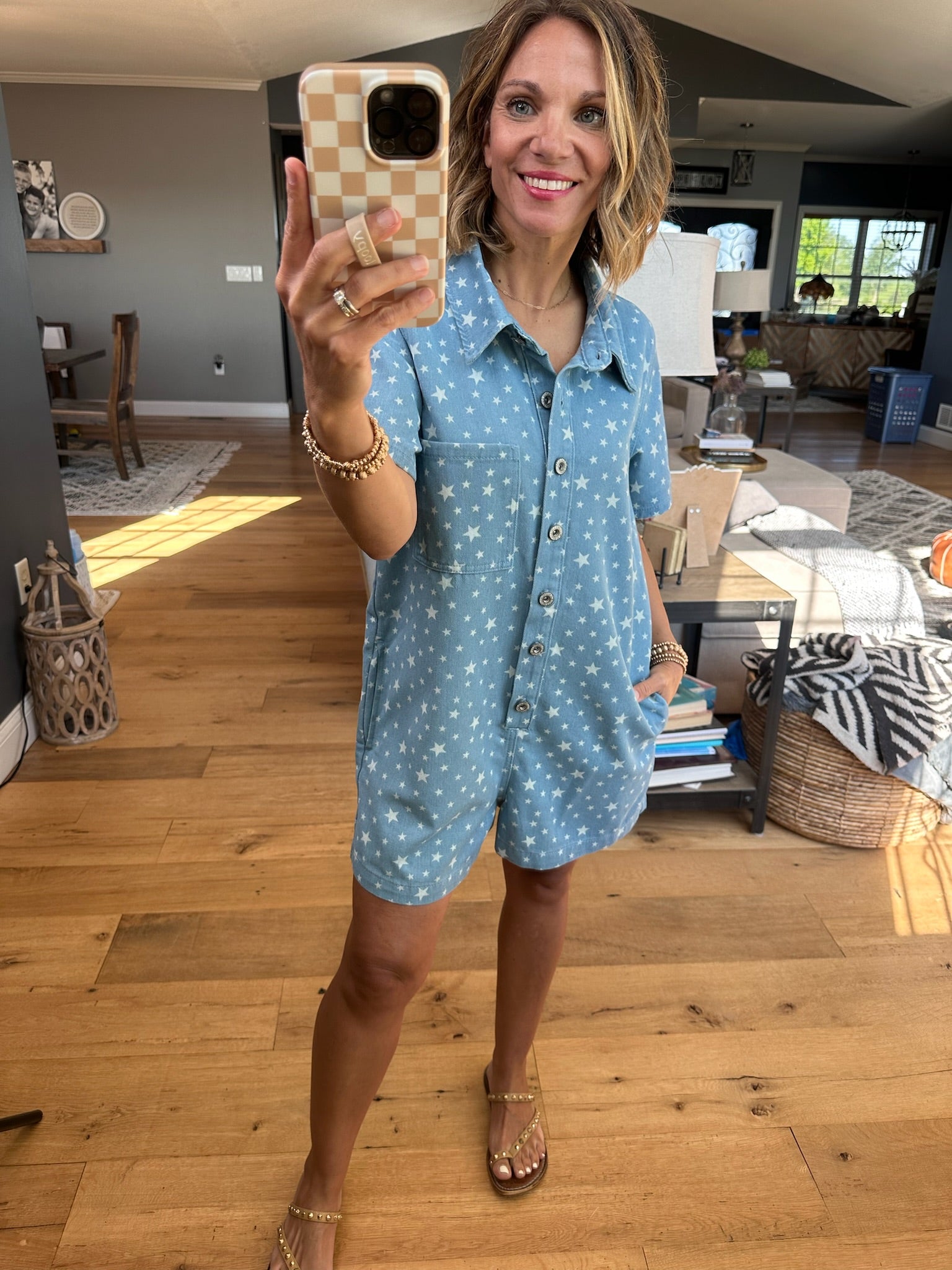 Feeling Free Star Button-Down Romper - Denim-Wishlist-Anna Kaytes Boutique, Women's Fashion Boutique in Grinnell, Iowa