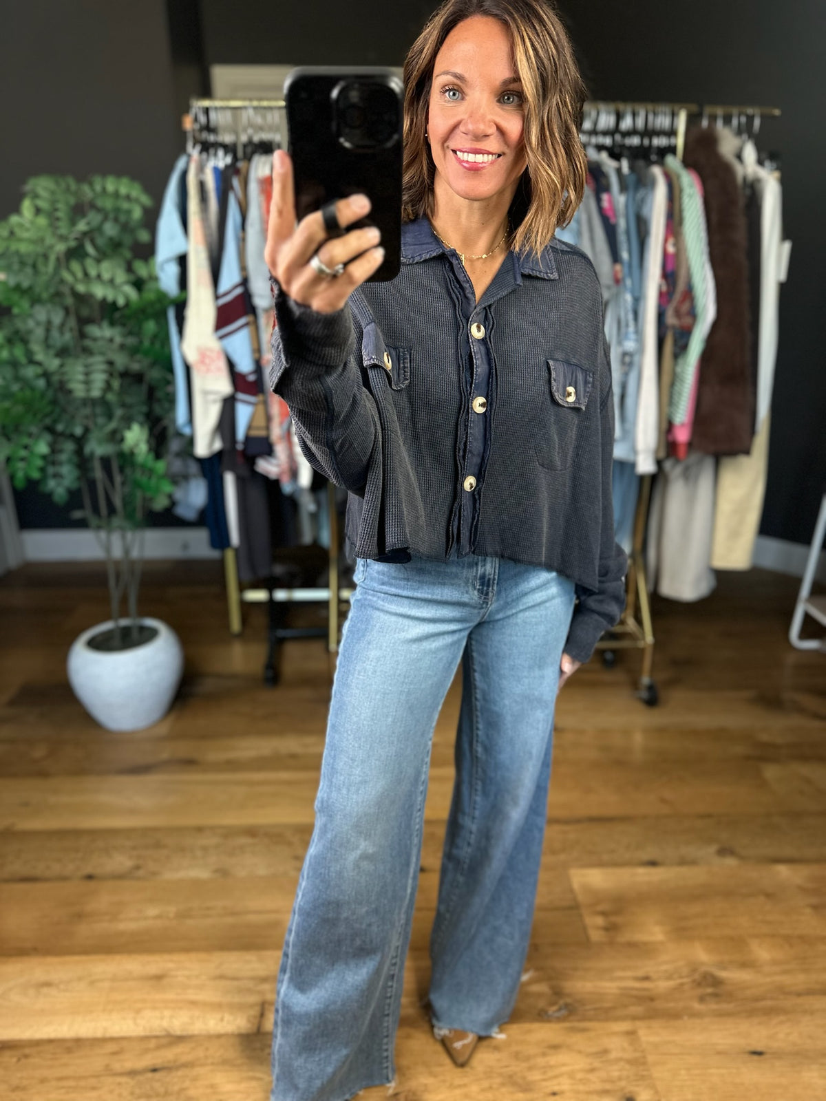 Meet My Terms Cropped Waffle Button-Down-Long Sleeves-ee:some-Anna Kaytes Boutique, Women's Fashion Boutique in Grinnell, Iowa