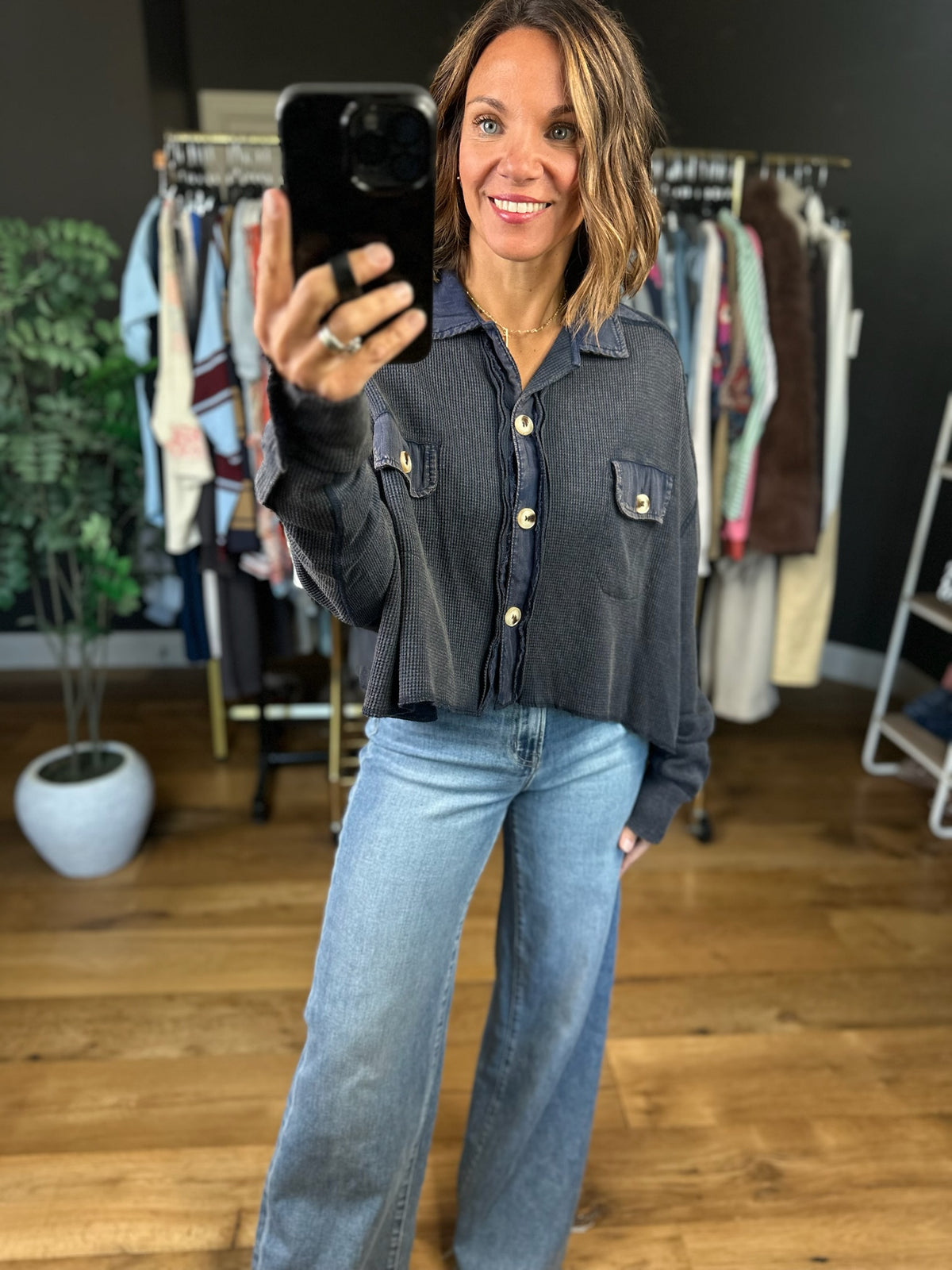 Meet My Terms Cropped Waffle Button-Down-Long Sleeves-ee:some-Anna Kaytes Boutique, Women's Fashion Boutique in Grinnell, Iowa