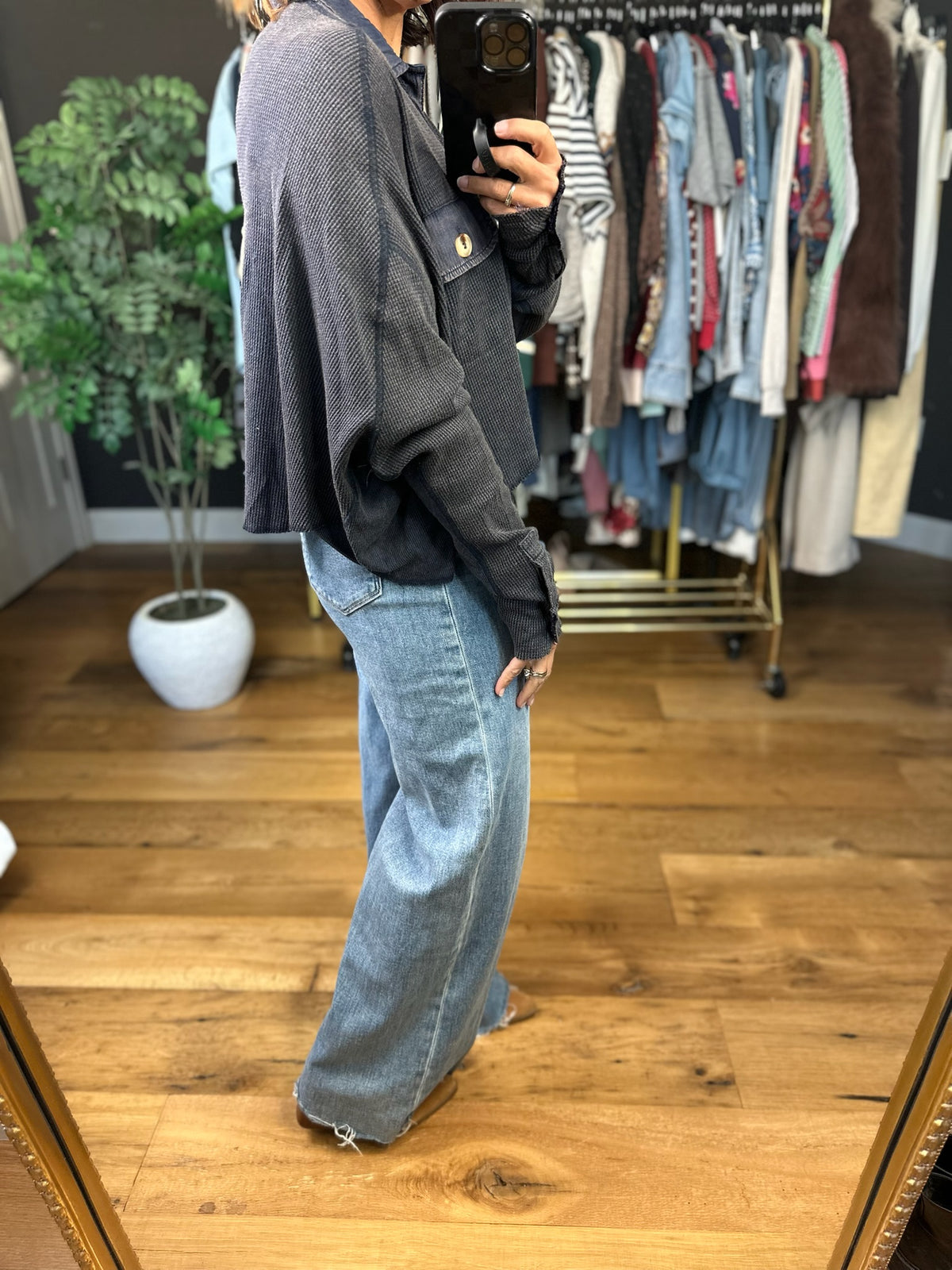 Meet My Terms Cropped Waffle Button-Down-Long Sleeves-ee:some-Anna Kaytes Boutique, Women's Fashion Boutique in Grinnell, Iowa