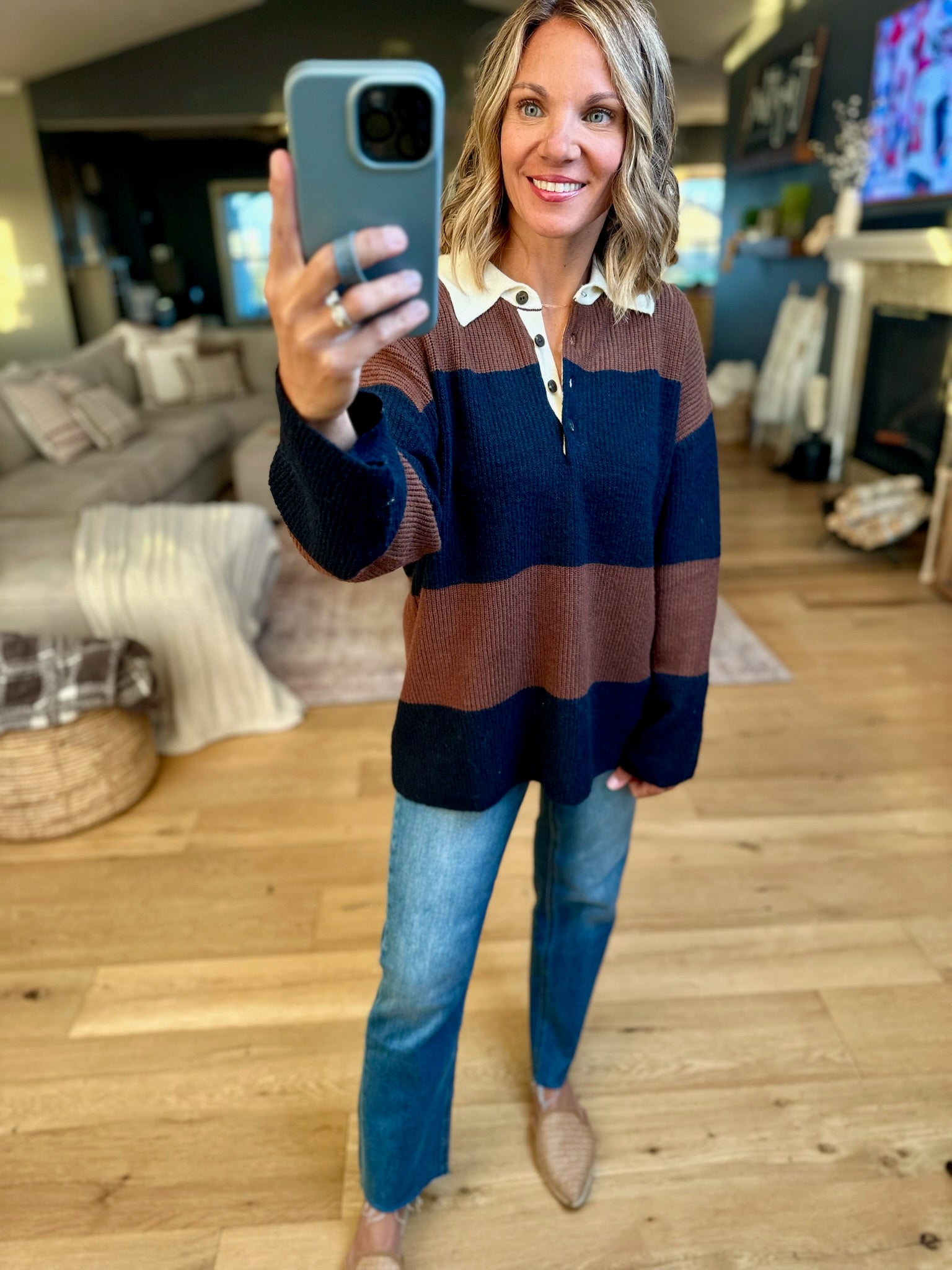 Game Over Collared Wide-Strip Knit-sweater-Blu Pepper-Anna Kaytes Boutique, Women's Fashion Boutique in Grinnell, Iowa