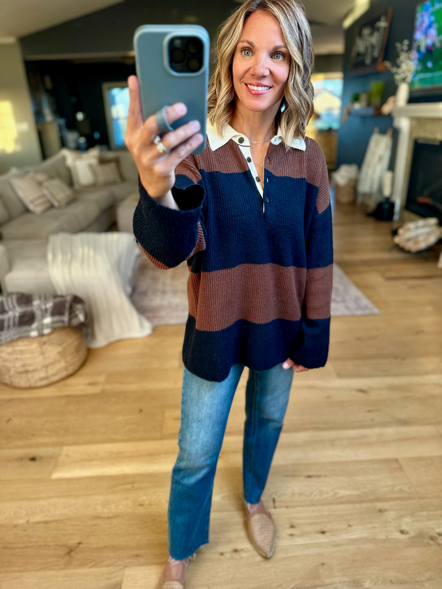 Game Over Collared Wide-Strip Knit-sweater-Blu Pepper-Anna Kaytes Boutique, Women's Fashion Boutique in Grinnell, Iowa