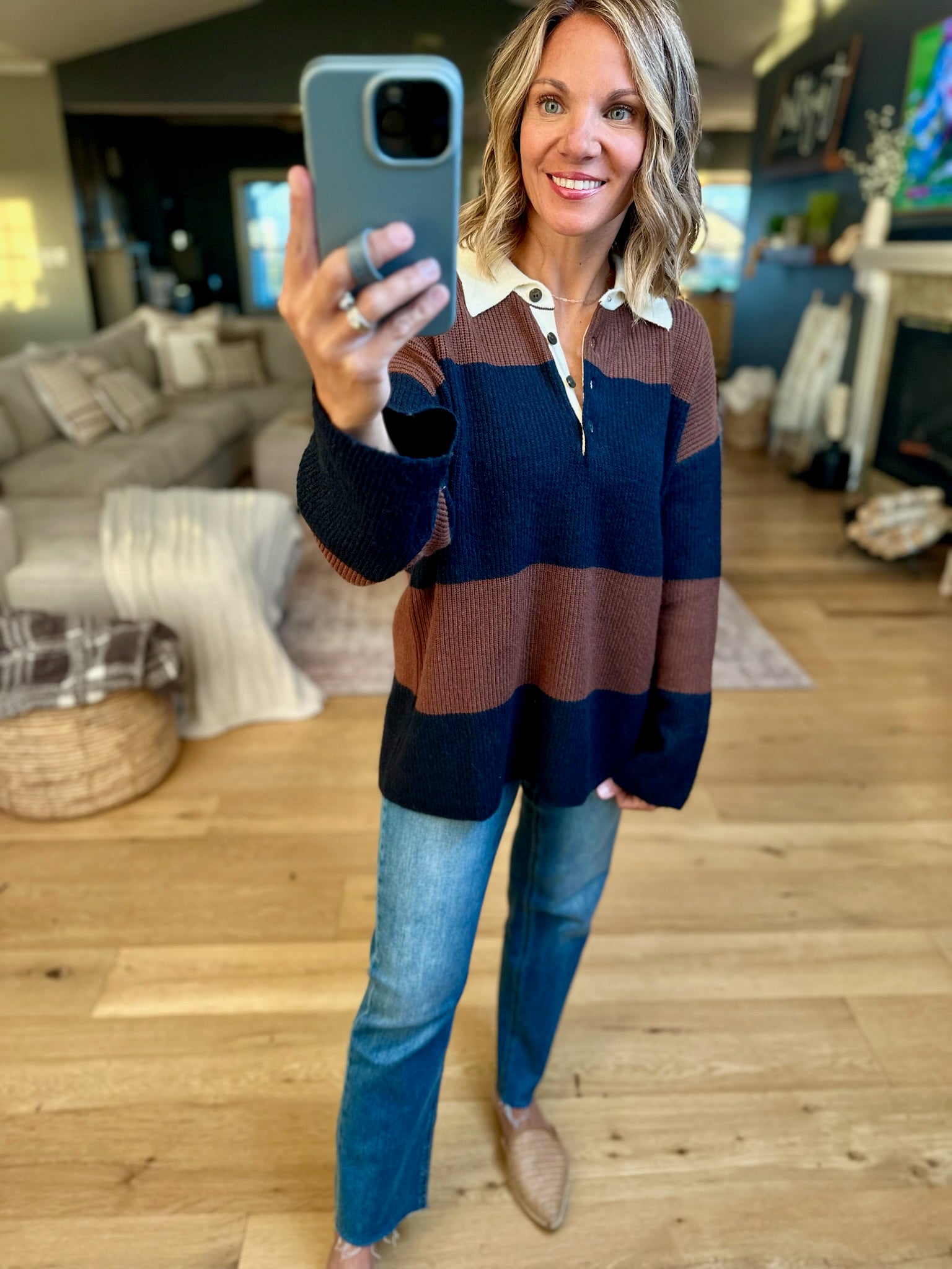 Game Over Collared Wide-Strip Knit-sweater-Blu Pepper-Anna Kaytes Boutique, Women's Fashion Boutique in Grinnell, Iowa