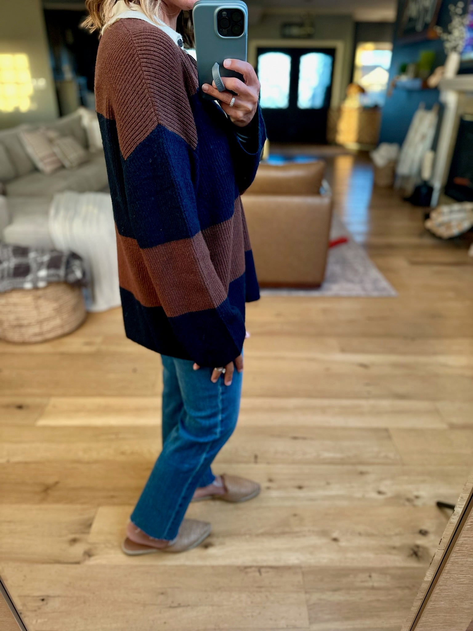 Game Over Collared Wide-Strip Knit-sweater-Blu Pepper-Anna Kaytes Boutique, Women's Fashion Boutique in Grinnell, Iowa